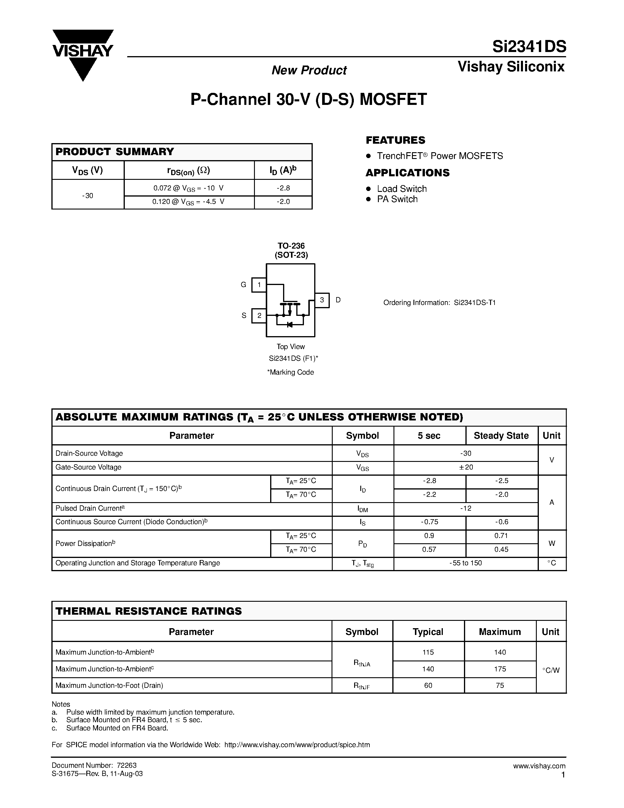 Datasheet SI2341DS - P-Channel 30-V (D-S) MOSFET page 1
