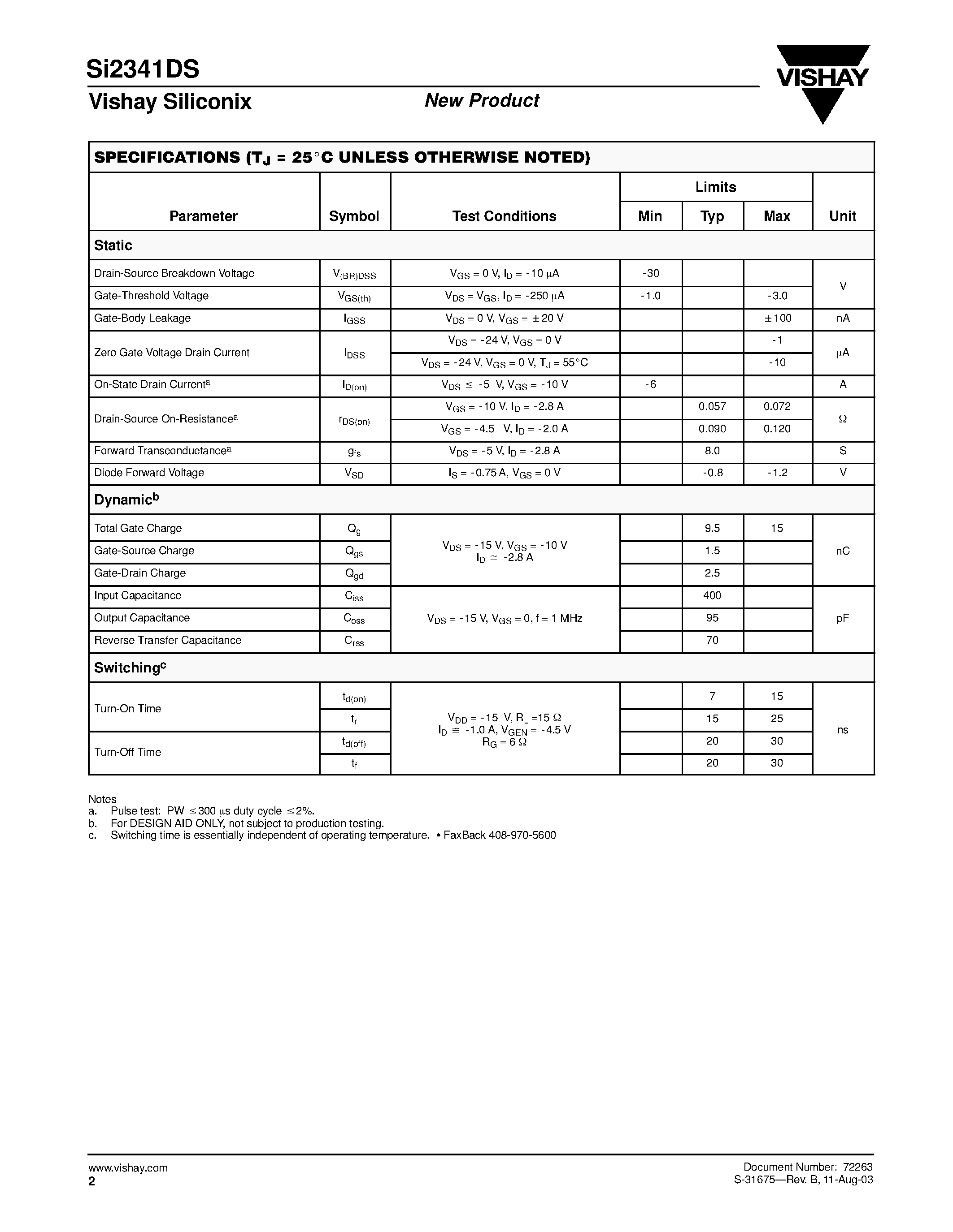 Datasheet SI2341DS - P-Channel 30-V (D-S) MOSFET page 2