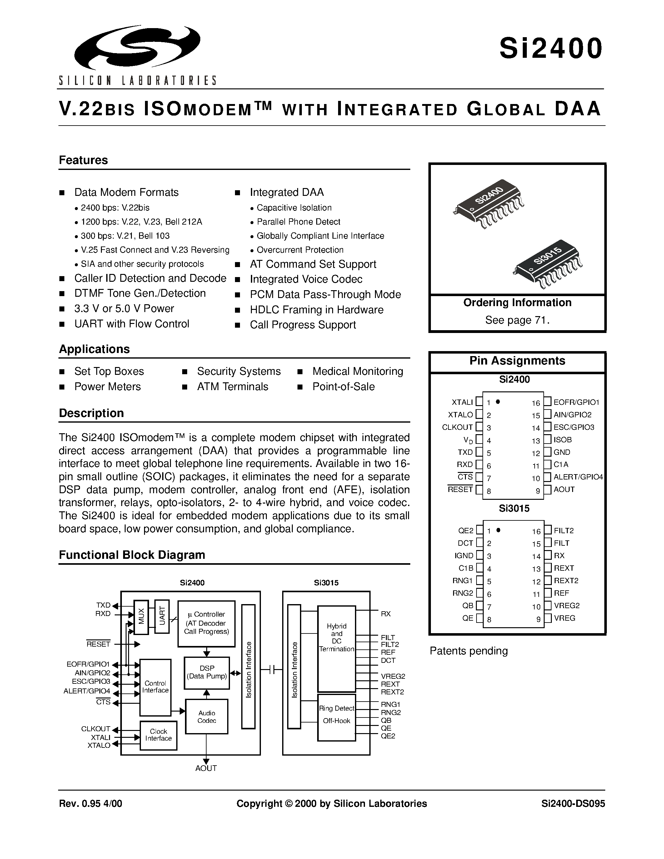 Даташит SI2400-KS - V.22BIS ISOMODEM WITH INTEGRATED GLOBAL DAA страница 1