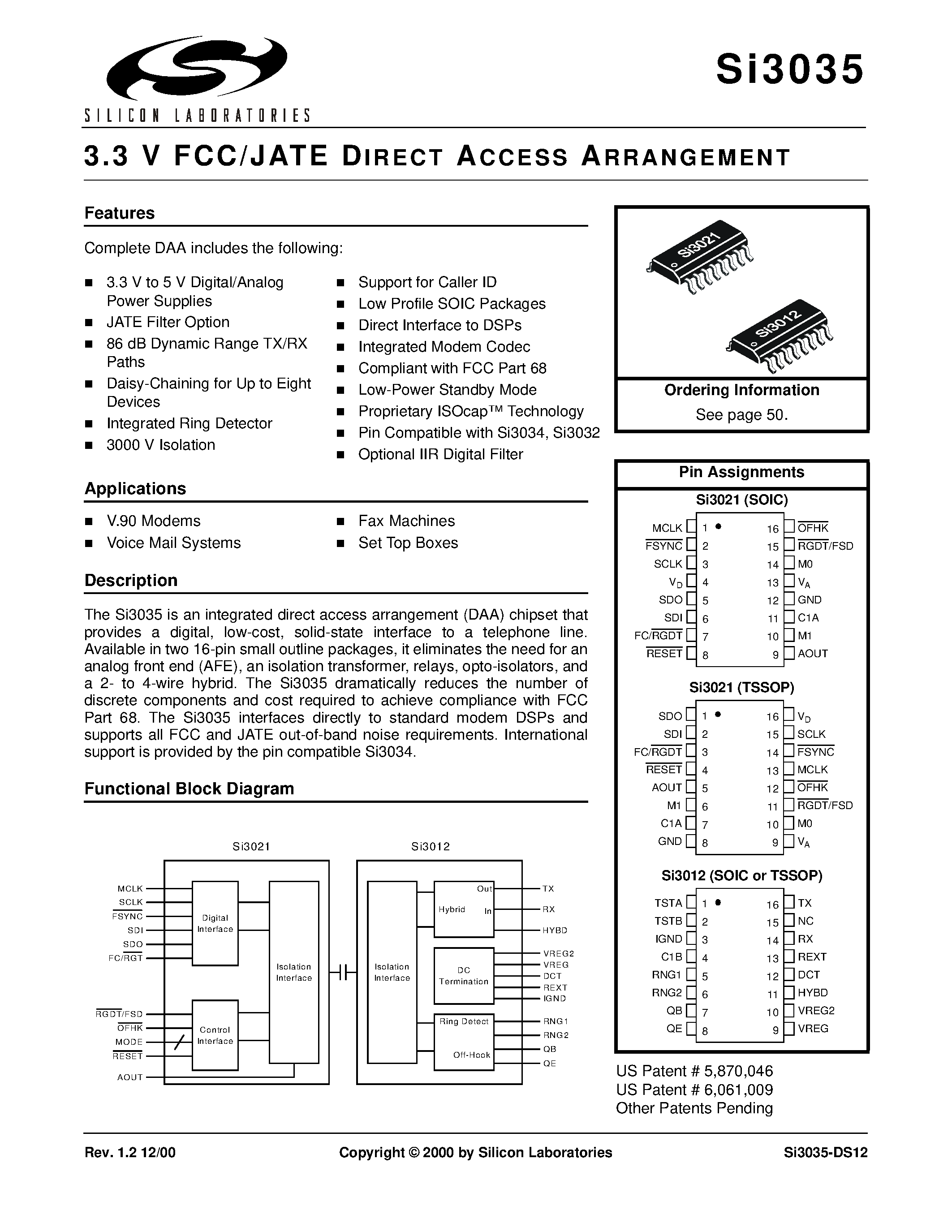 Даташит SI3012 - 3.3 V FCC/JATE DIRECT ACCESS ARRANGEMENT страница 1
