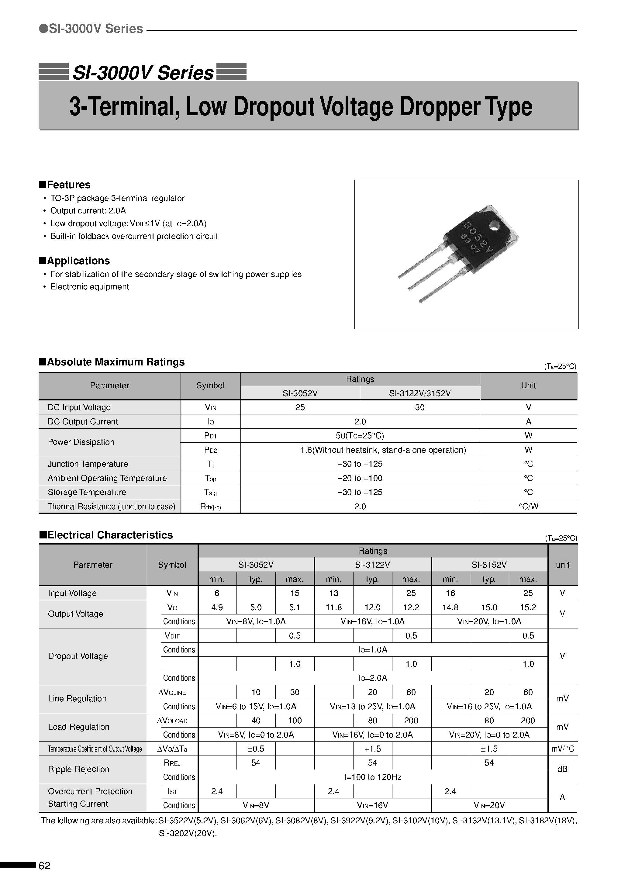 Datasheet SI3052V - 3-Terminal/ Low Dropout Voltage Dropper Type page 1