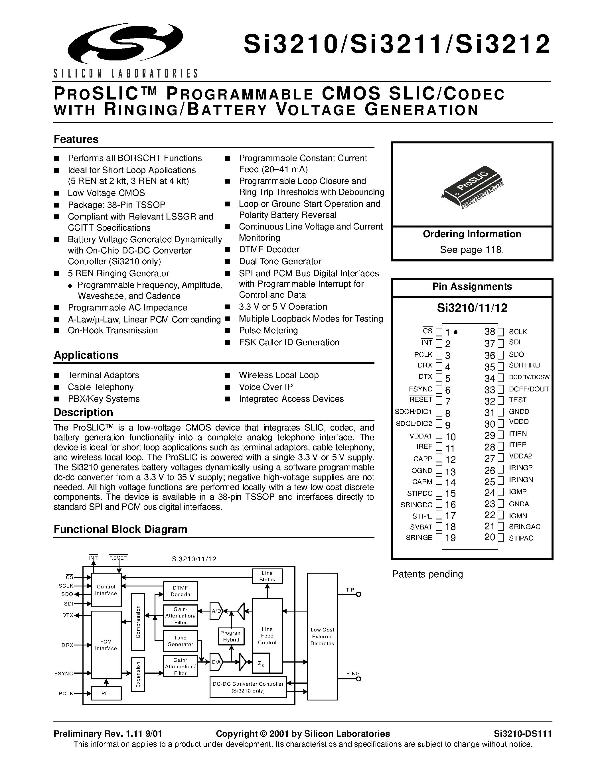 Datasheet SI3212 - PROSLIC PROGRAMMABLE CMOS SLIC/CODEC WITH RINGING/BATTERY VOLTAGE GENERATION page 1