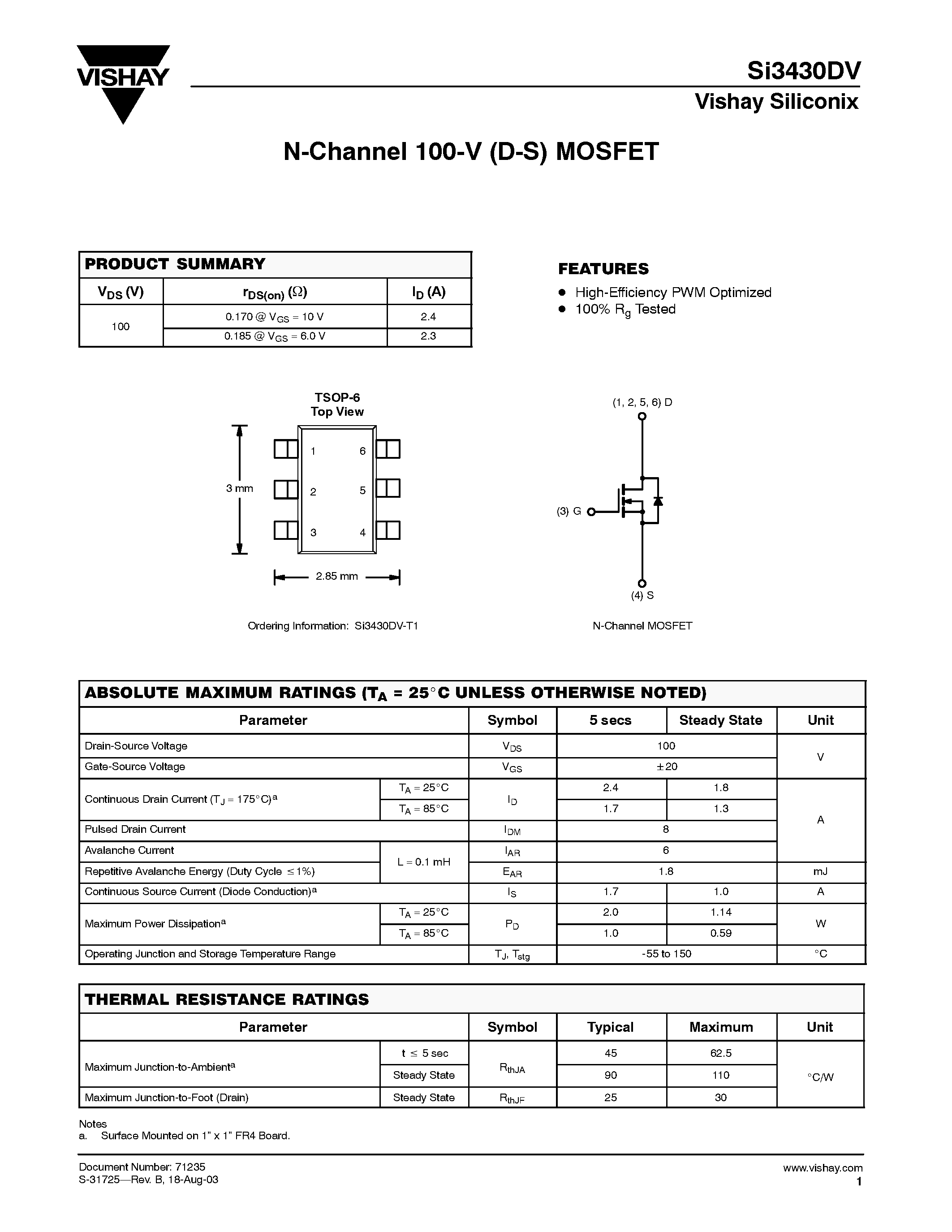 Datasheet SI3430DV-T1 - N-Channel 100-V (D-S) MOSFET page 1