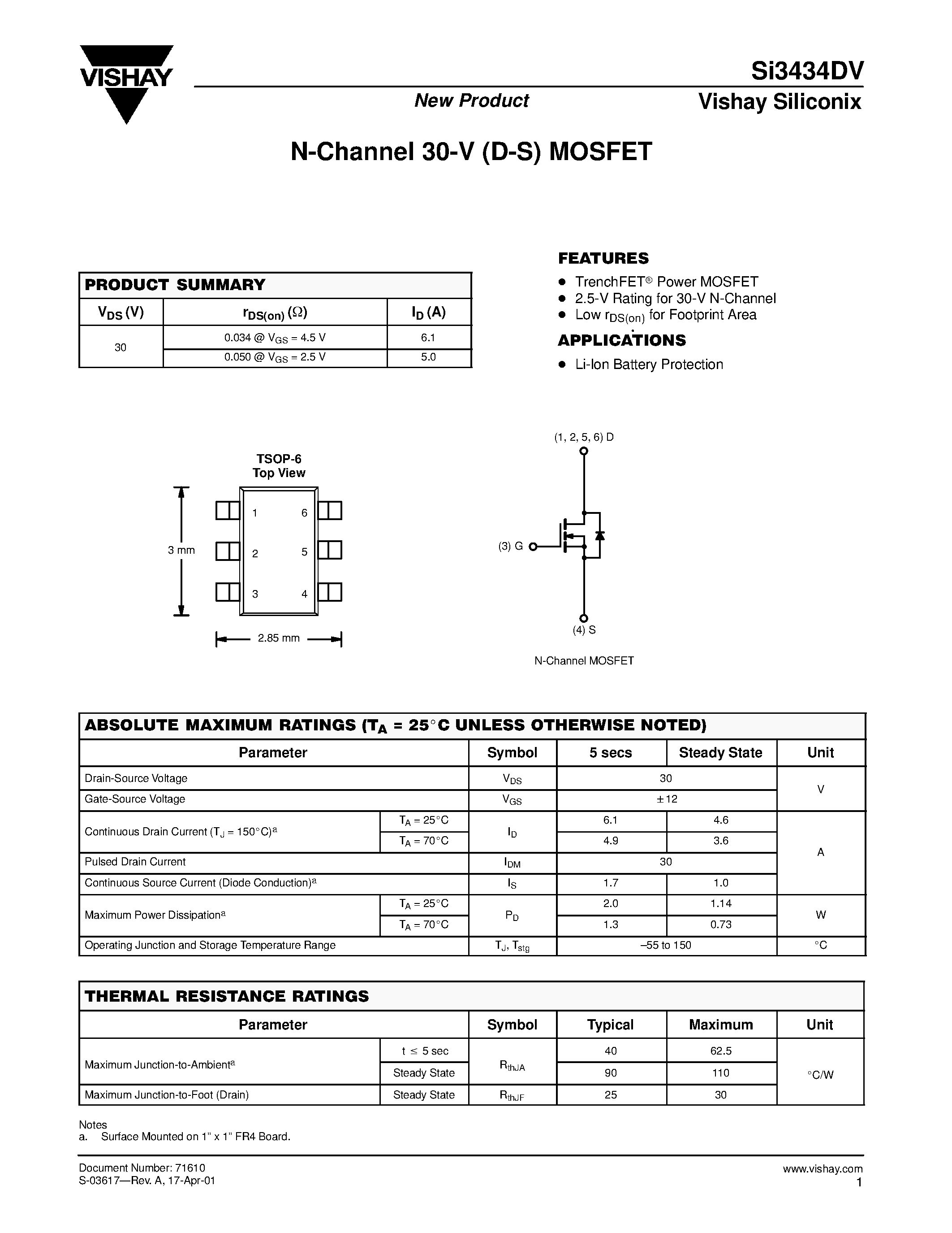 Даташит SI3434DV - N-Channel 30-V (D-S) MOSFET страница 1