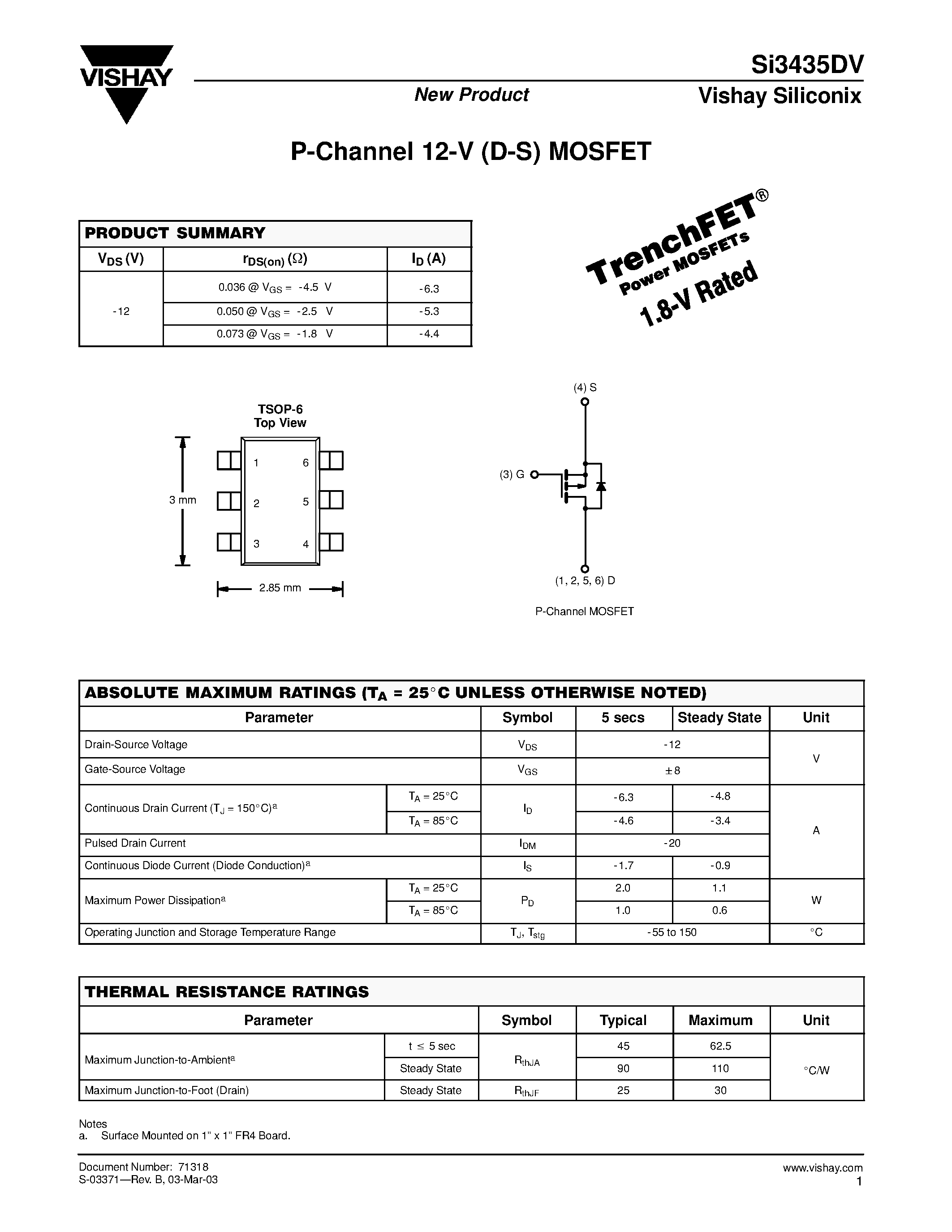 Datasheet SI3435DV - P-Channel 12-V (D-S) MOSFET page 1