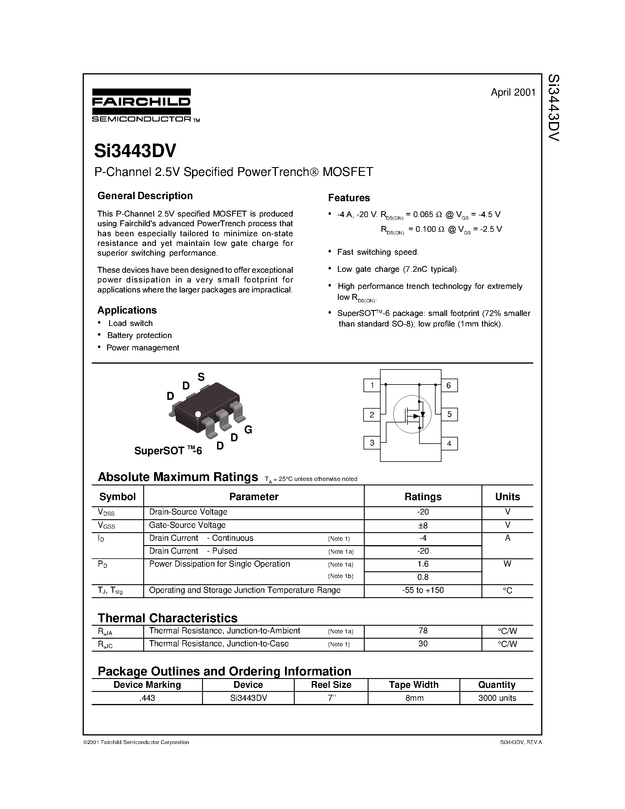 Даташит на микросхему SI3443DV страница 1 Даташит SI3443DV - P-Channel 2.5V Specified PowerTrench MOSFET страница 1