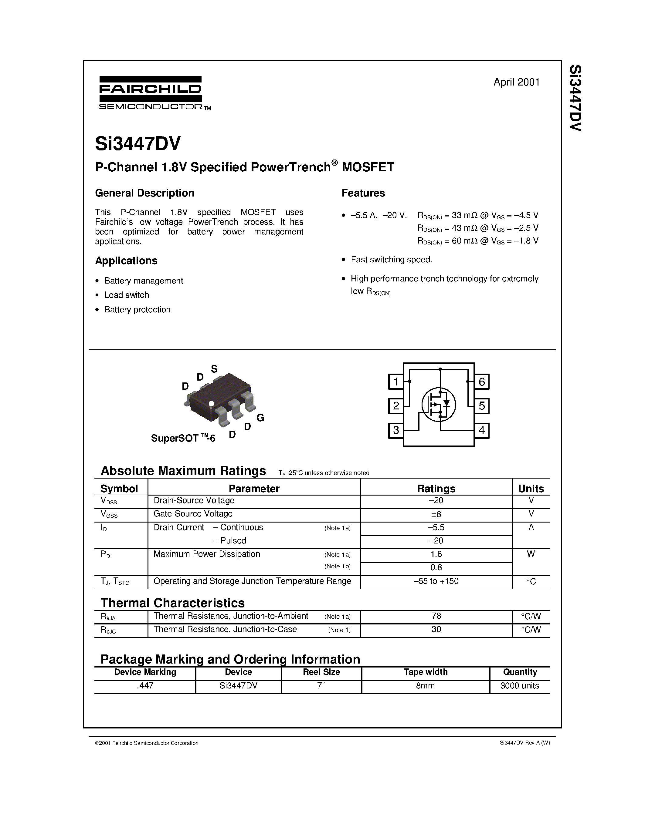 Datasheet SI3447 - P-Channel 1.8V Specified PowerTrench MOSFET page 1