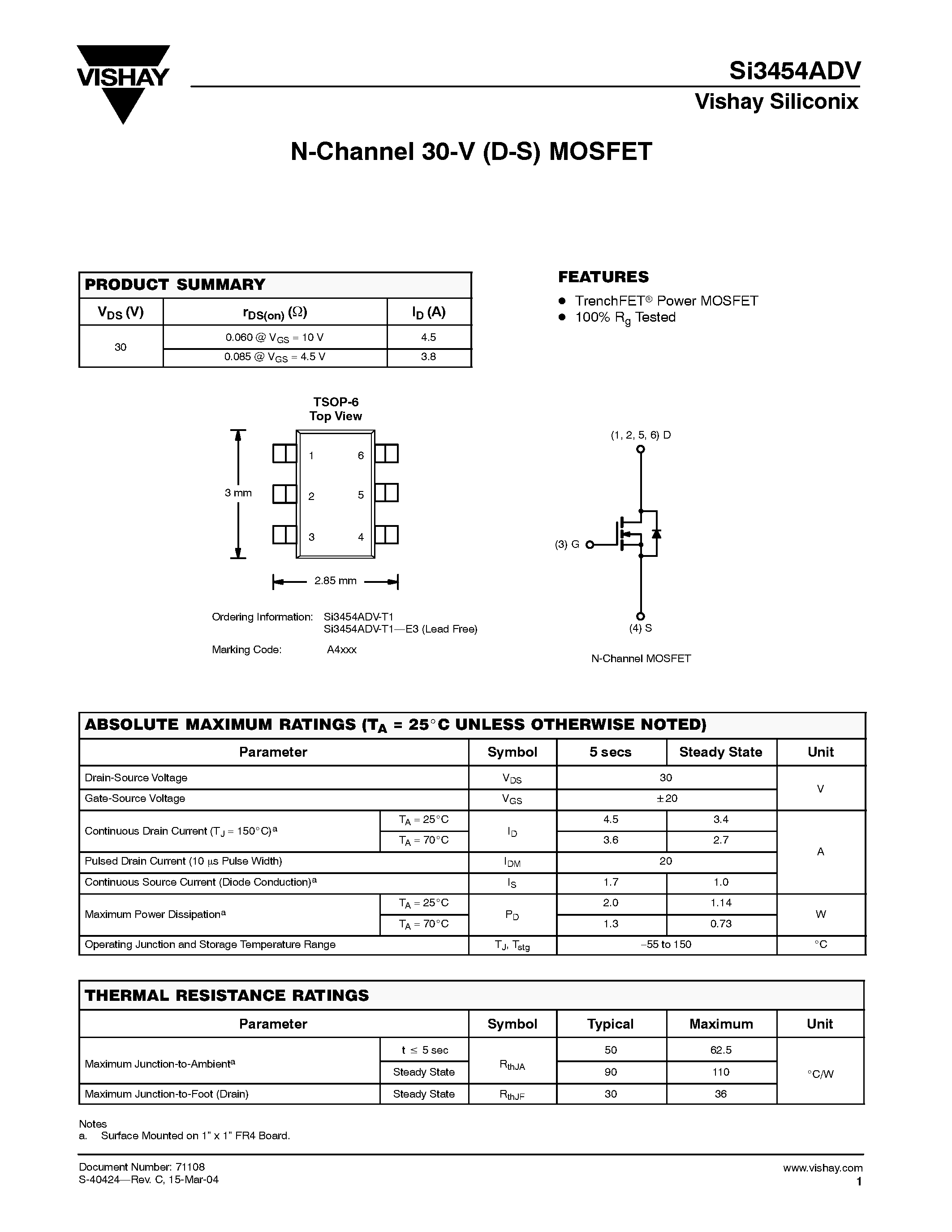 Даташит SI3454ADV-T1 - N-Channel 30-V (D-S) MOSFET страница 1