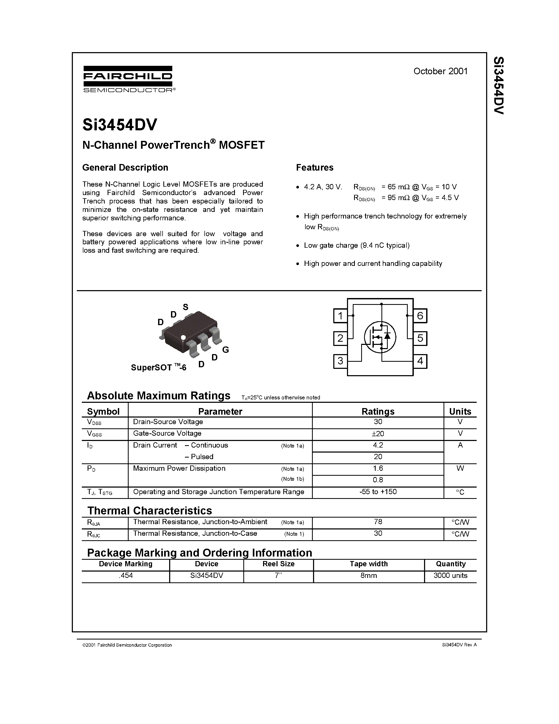 Даташит на микросхему SI3454DV страница 1 Даташит SI3454DV - N-Channel PowerTrench MOSFET страница 1