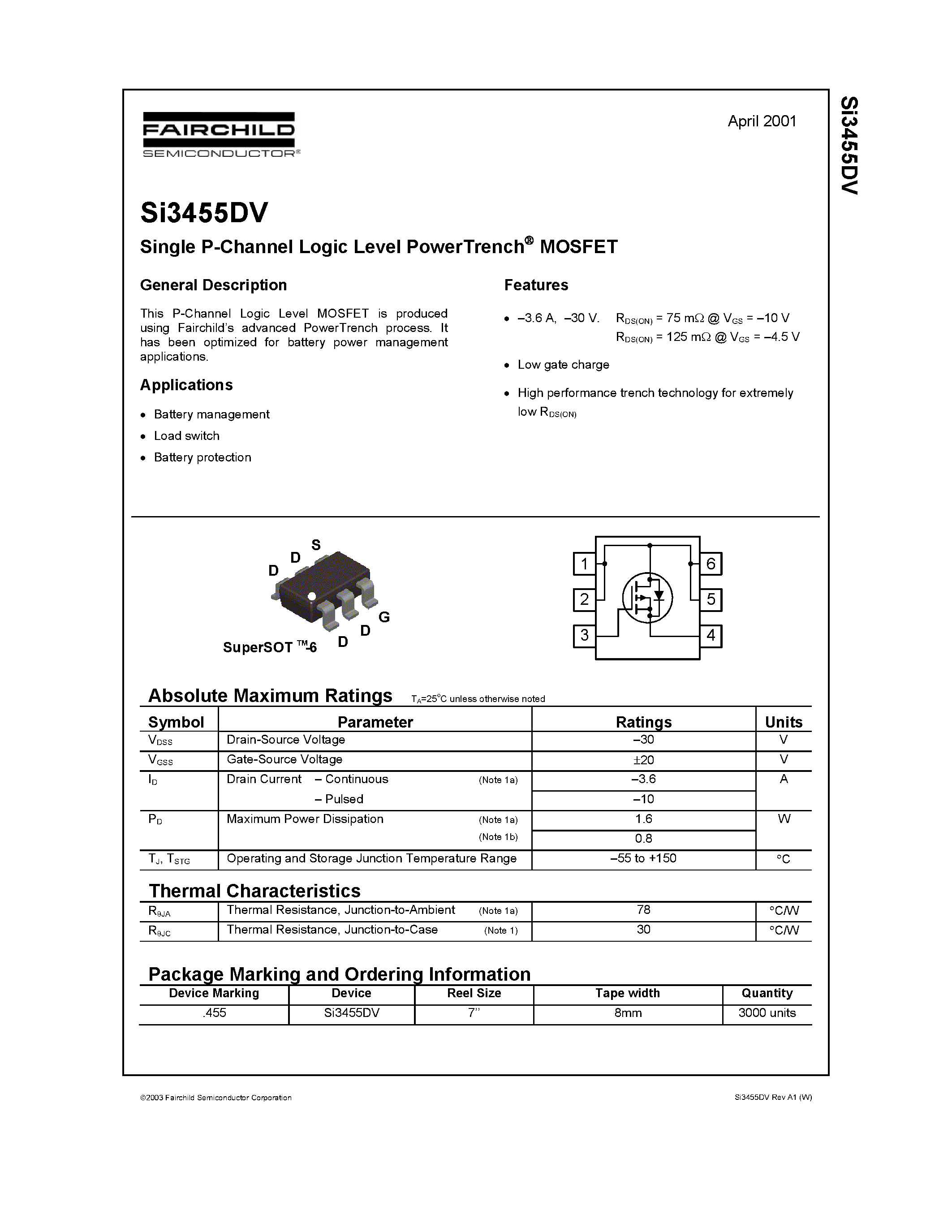 Datasheet SI3455DV - Single P-Channel Logic Level PowerTrench MOSFET page 1