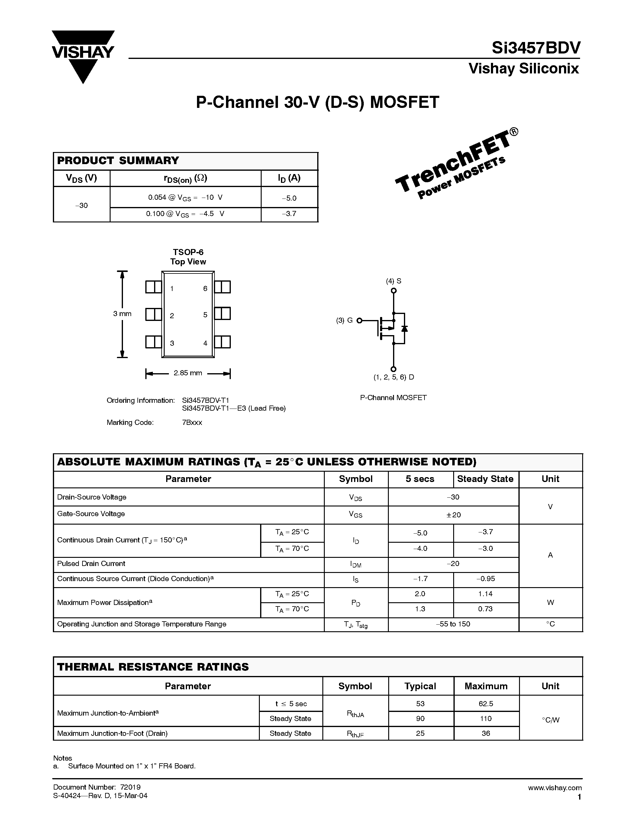 Даташит SI3457BDV-T1-E3 - P-Channel 30-V (D-S) MOSFET страница 1