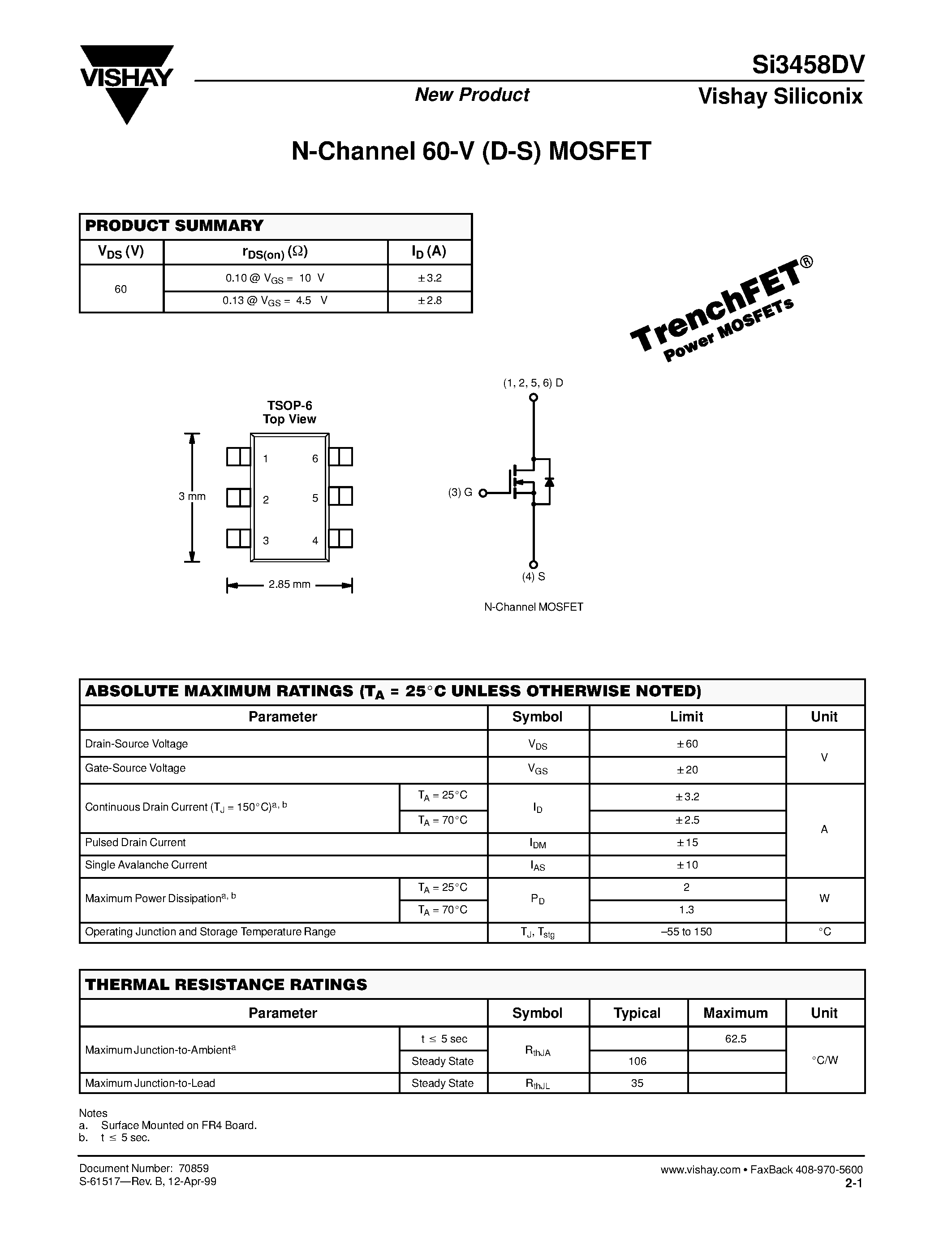 Даташит SI3458DV - N-Channel 60-V (D-S) MOSFET страница 1