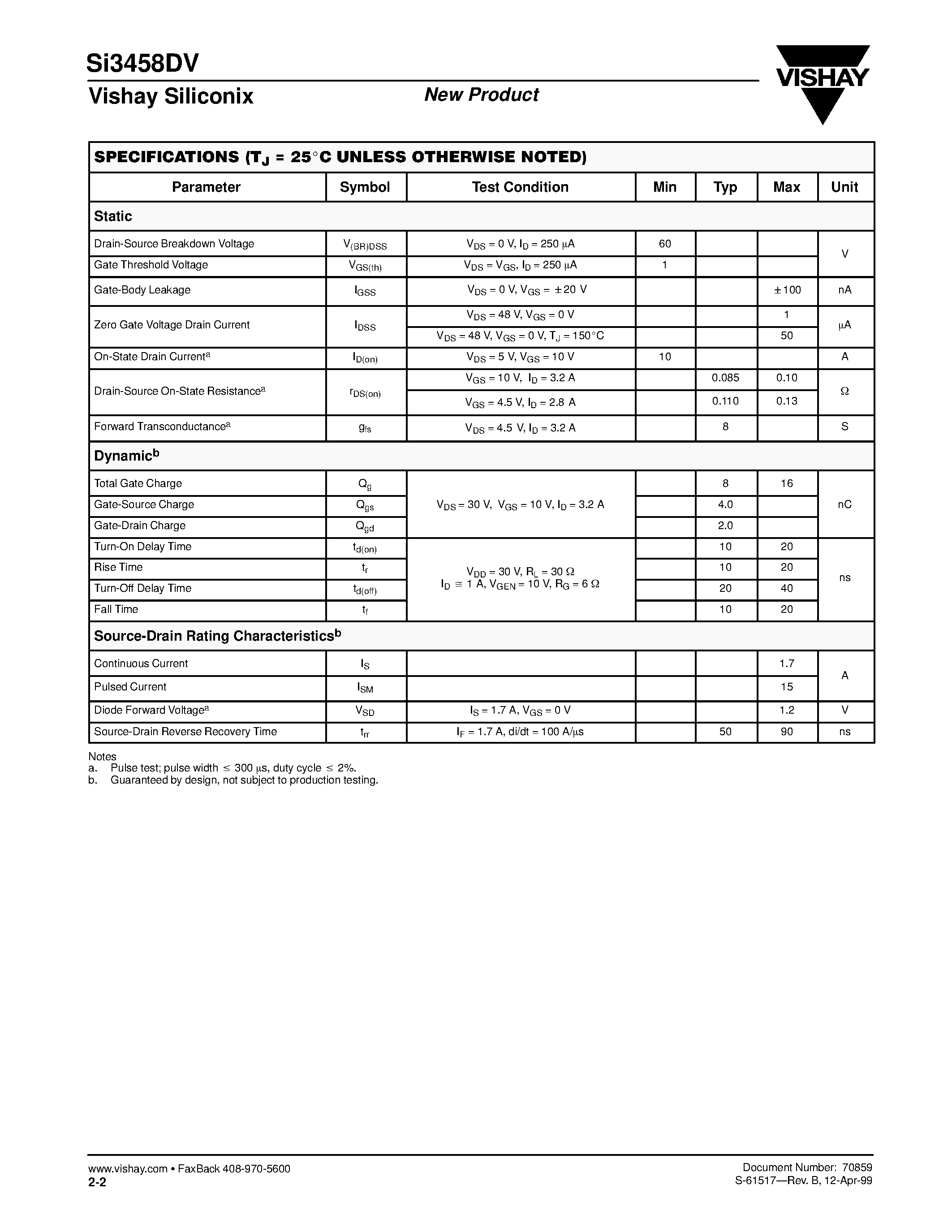 Даташит SI3458DV - N-Channel 60-V (D-S) MOSFET страница 2