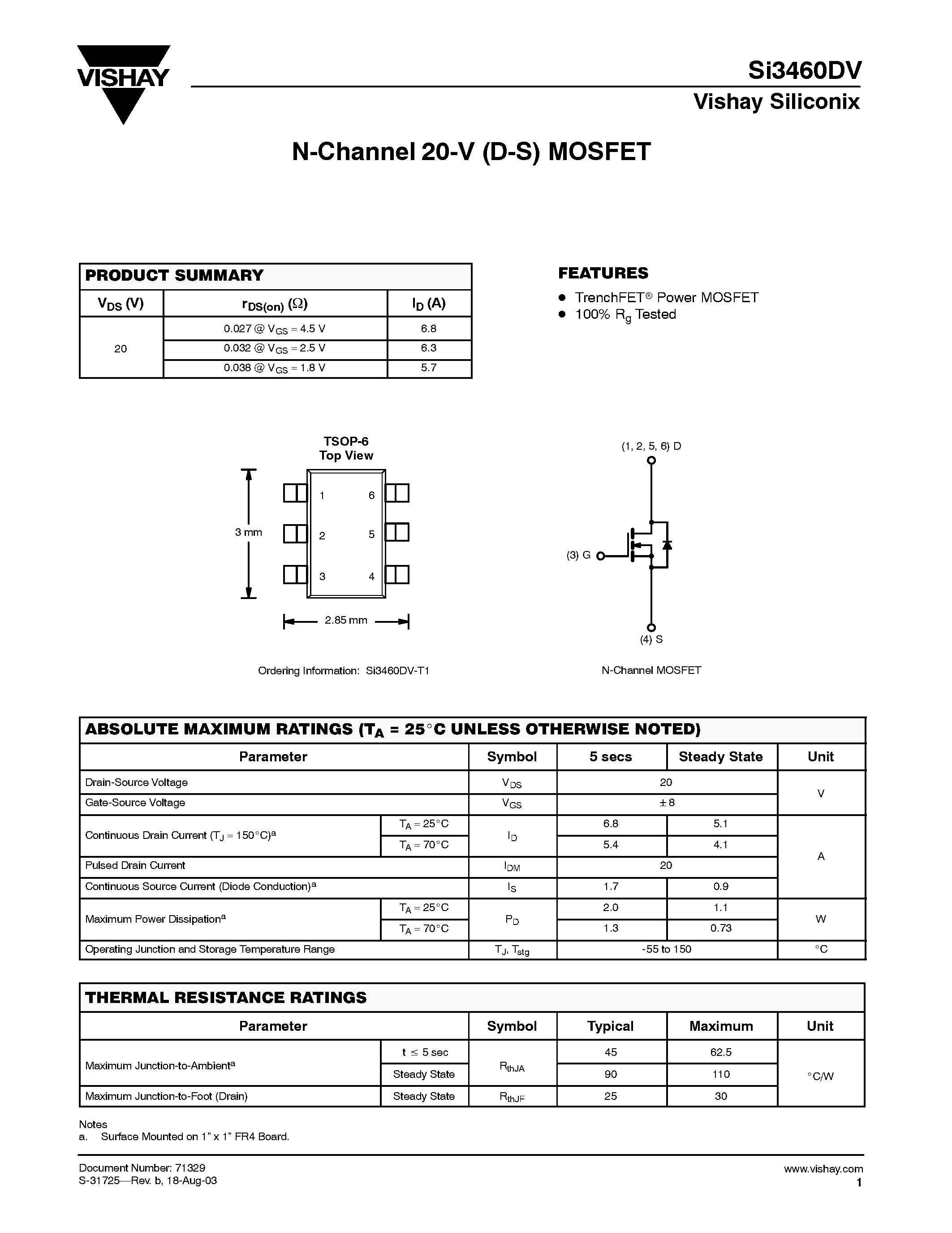 Даташит Si3460DV-T1 - N-Channel 20-V (D-S) MOSFET страница 1