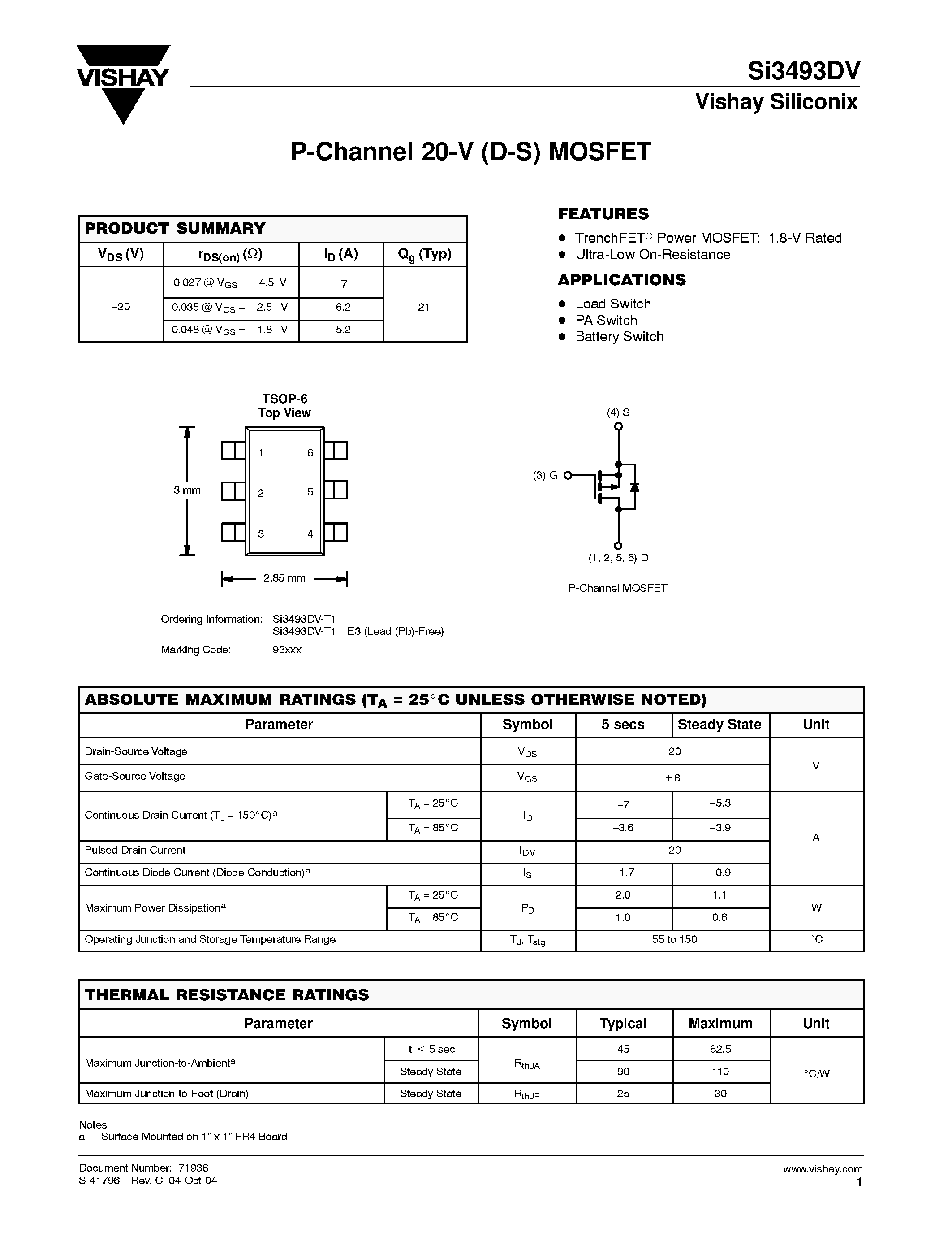 Datasheet SI3493DV-T1-E3 page 1 Datasheet SI3493DV-T1-E3 - P-Channel 20-V (D-S) MOSFET page 1