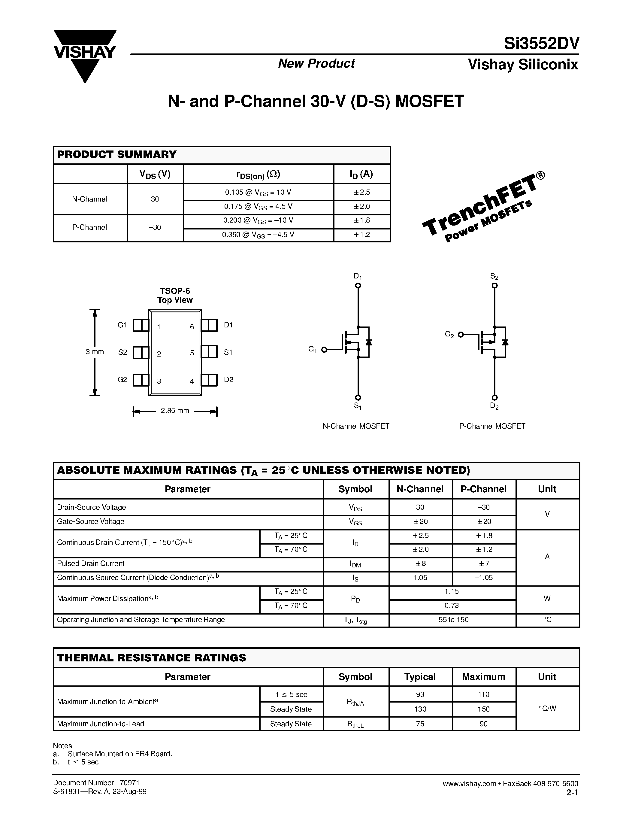 Даташит SI3552DV - N- and P-Channel 30-V (D-S) MOSFET страница 1
