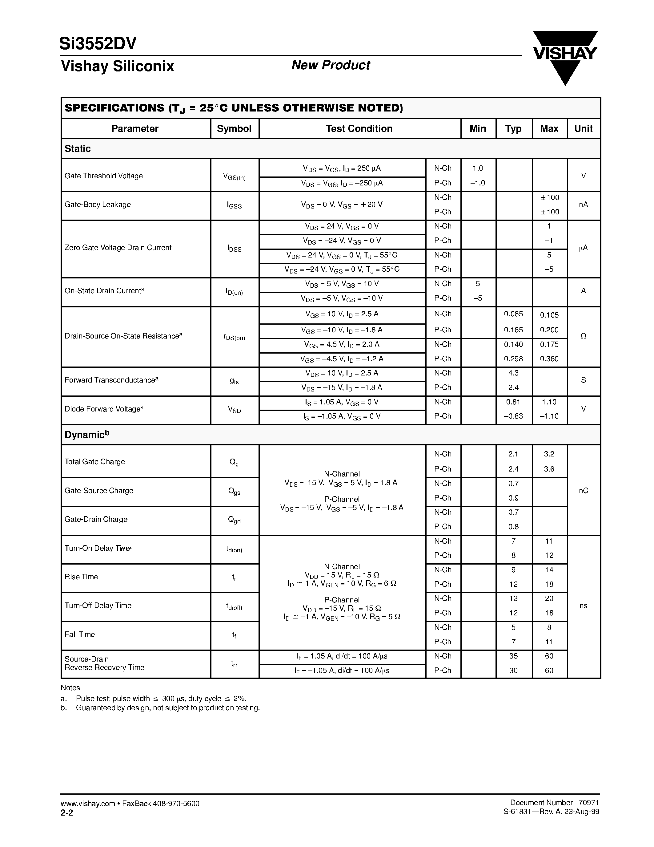 Даташит SI3552DV - N- and P-Channel 30-V (D-S) MOSFET страница 2