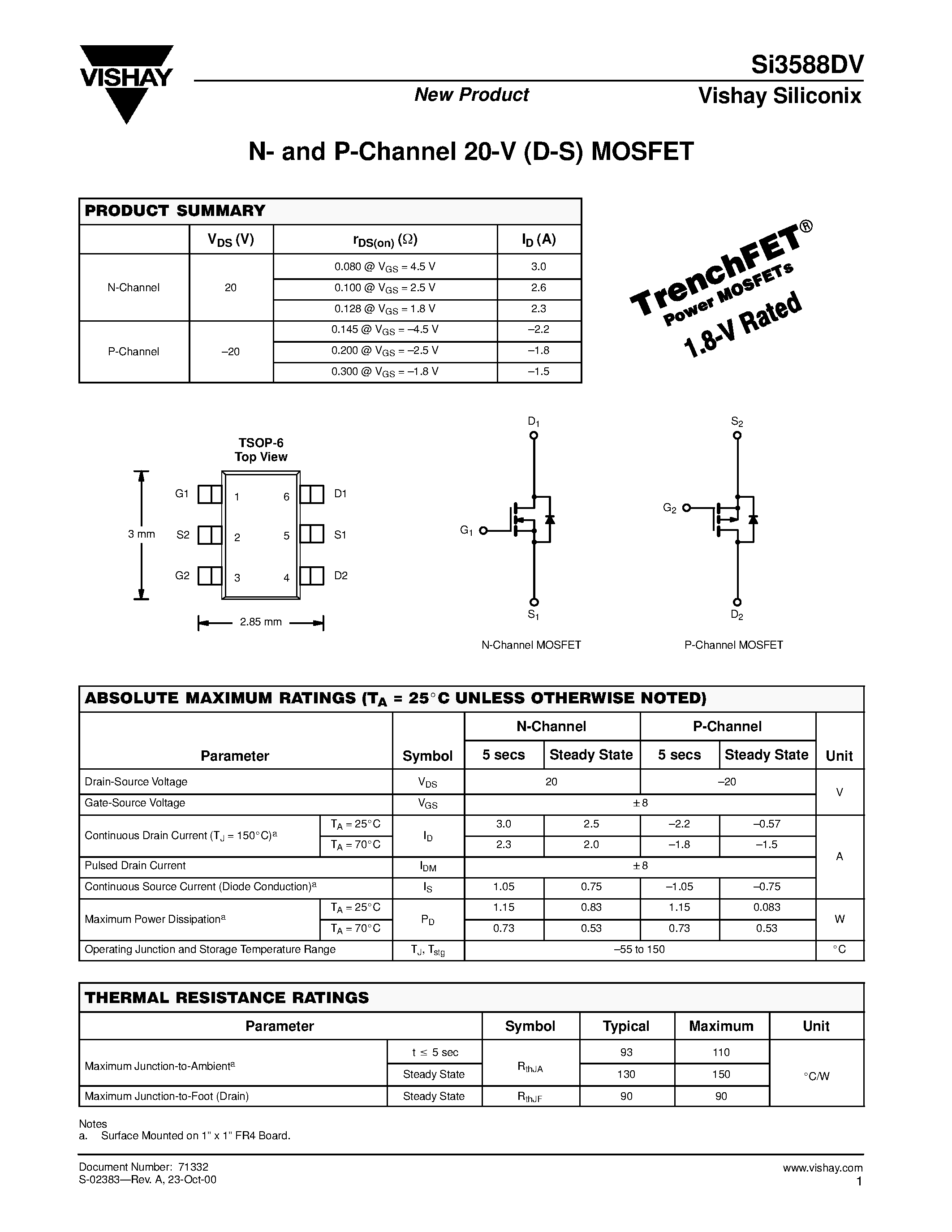 Даташит на микросхему SI3588DV страница 1 Даташит SI3588DV - N- and P-Channel 20-V (D-S) MOSFET страница 1
