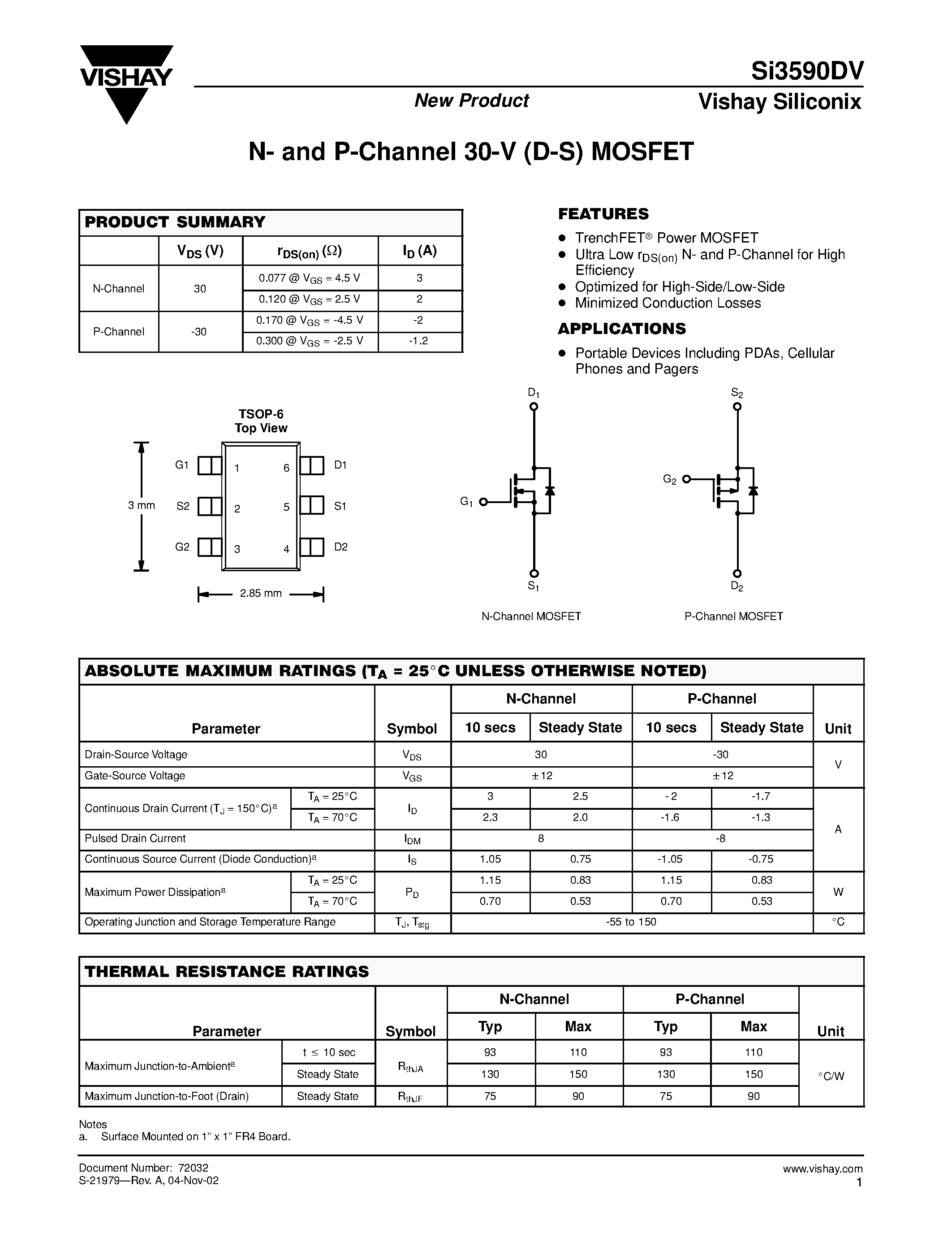 Даташит на микросхему SI3590DV страница 1 Даташит SI3590DV - N- and P-Channel 30-V (D-S) MOSFET страница 1