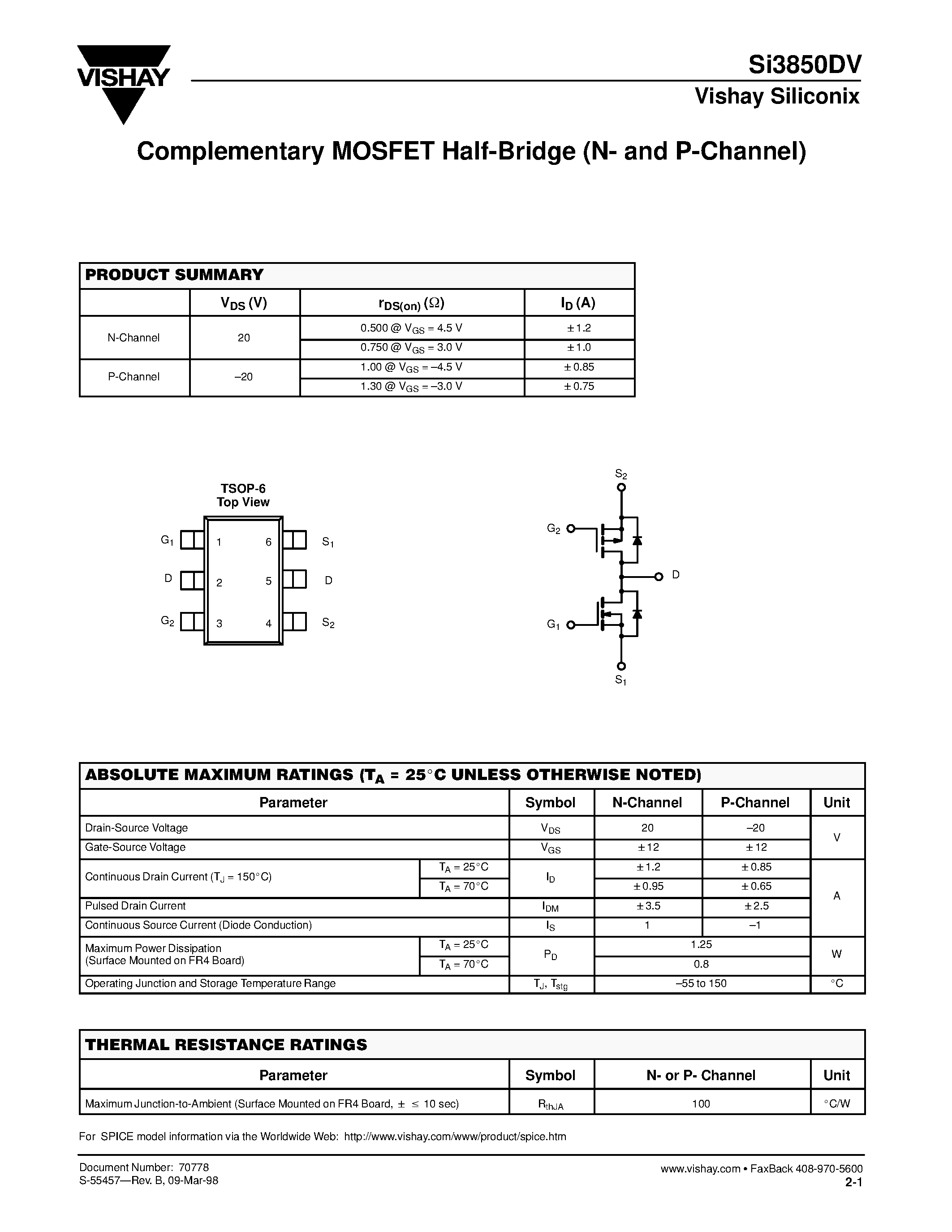 Даташит на микросхему SI3850DV страница 1 Даташит SI3850DV - Complementary MOSFET Half-Bridge (N- and P-Channel) страница 1