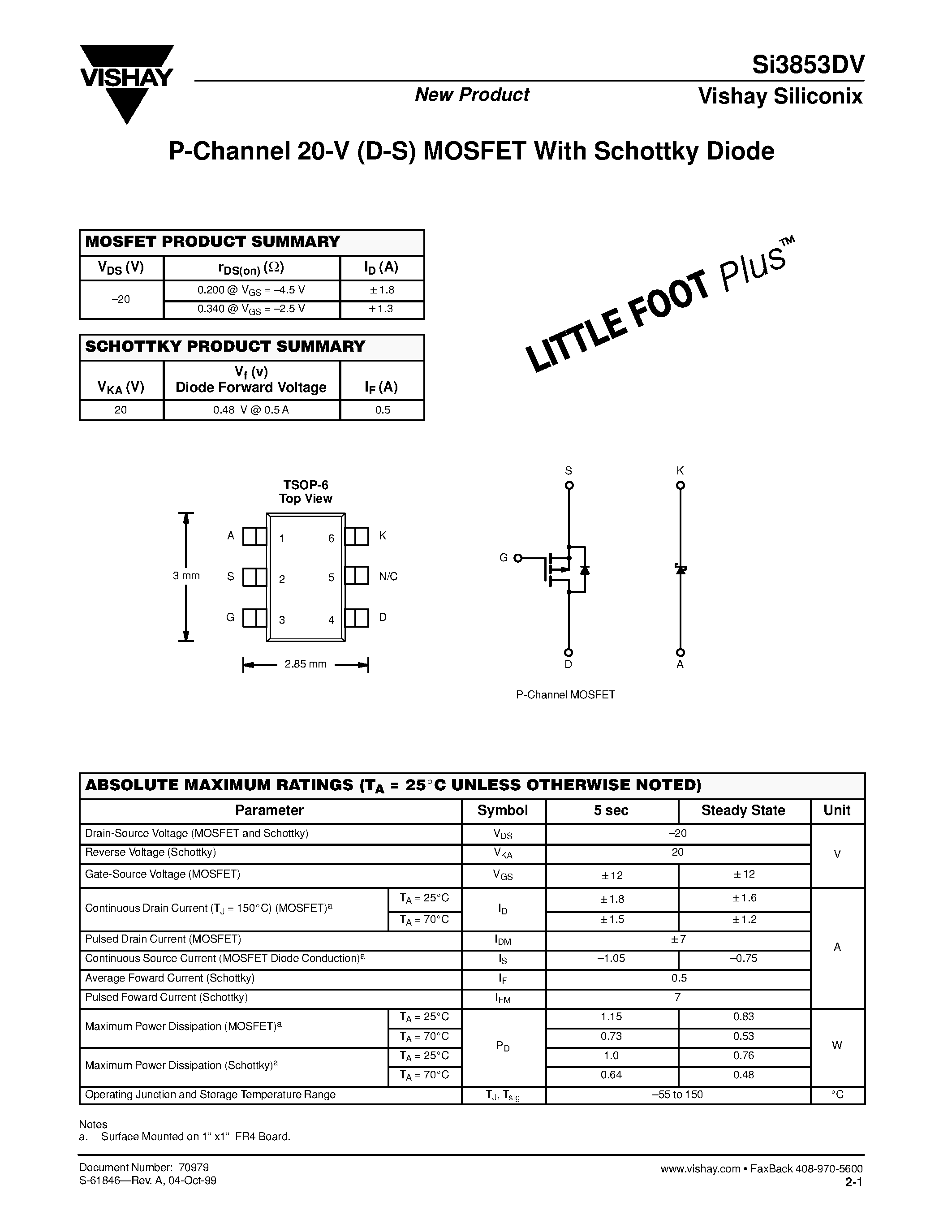 Даташит на микросхему Si3853DV страница 1 Даташит Si3853DV - P-Channel 20-V (D-S) MOSFET With Schottky Diode страница 1