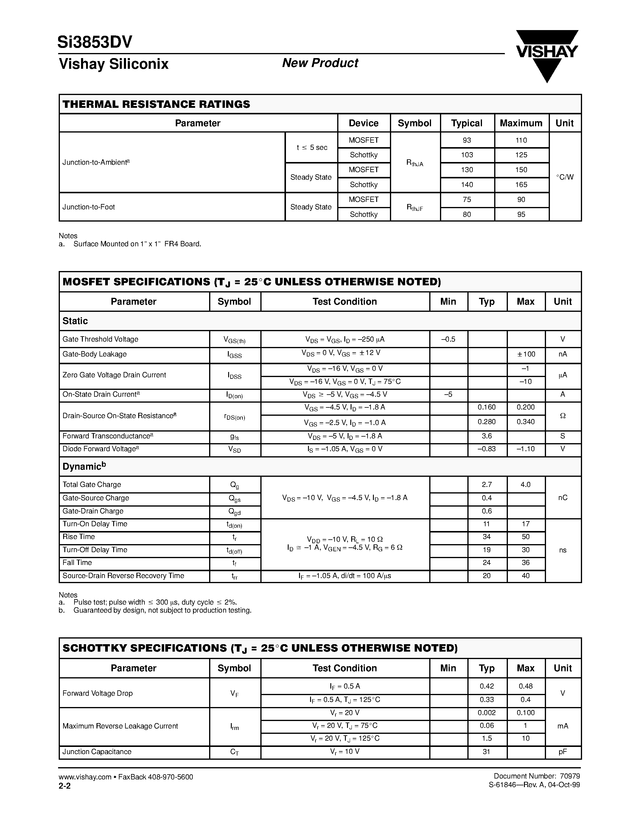 Даташит на микросхему Si3853DV страница 2 Даташит Si3853DV - P-Channel 20-V (D-S) MOSFET With Schottky Diode страница 2