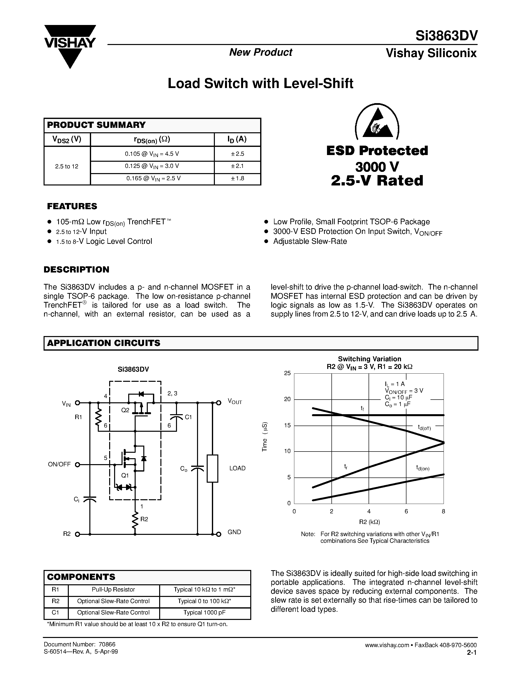 Datasheet SI3863DV page 1 Datasheet SI3863DV - Load Switch with Level-Shift page 1