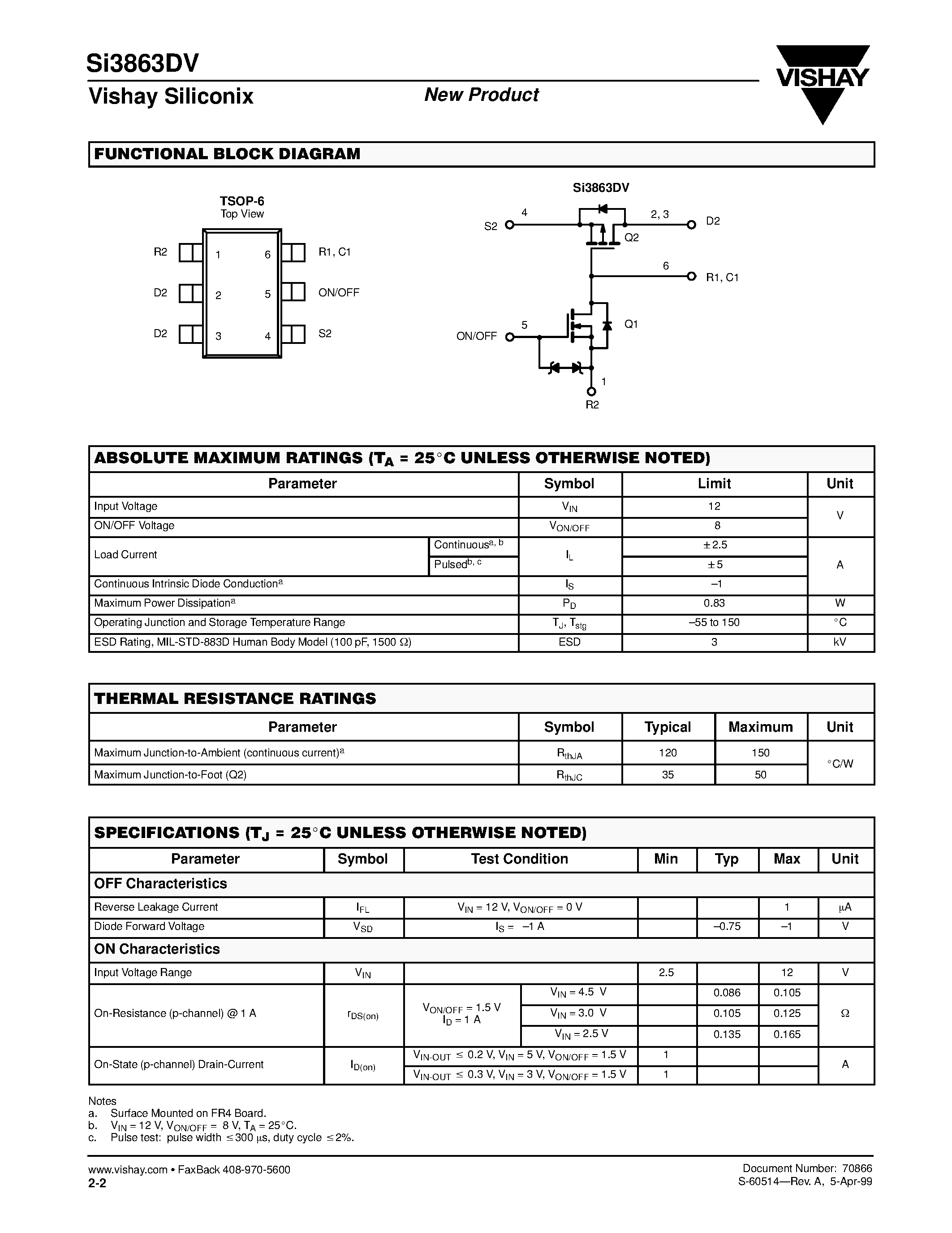 Datasheet SI3863DV page 2 Datasheet SI3863DV - Load Switch with Level-Shift page 2
