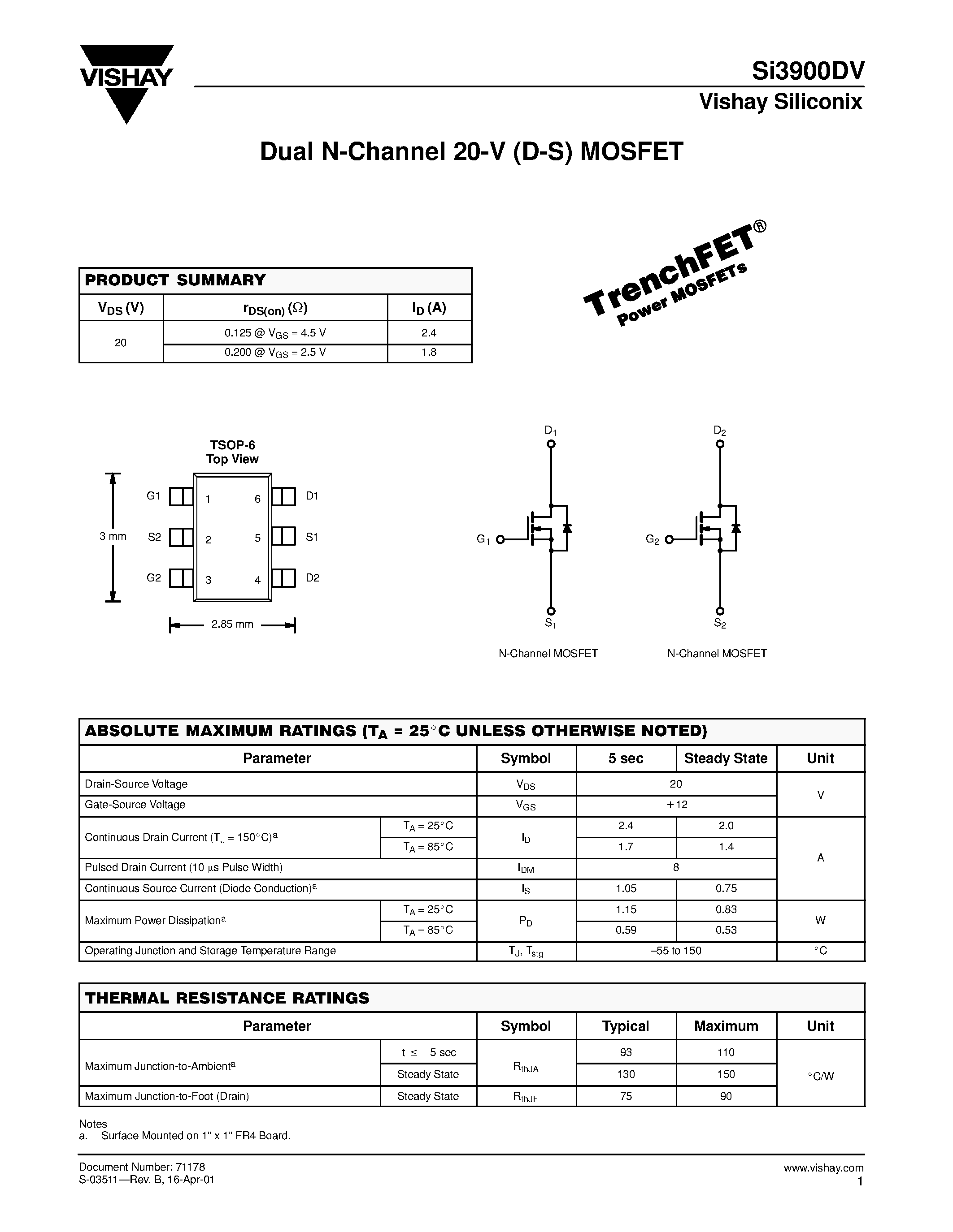 Даташит SI3900DV - Dual N-Channel 20-V (D-S) MOSFET страница 1