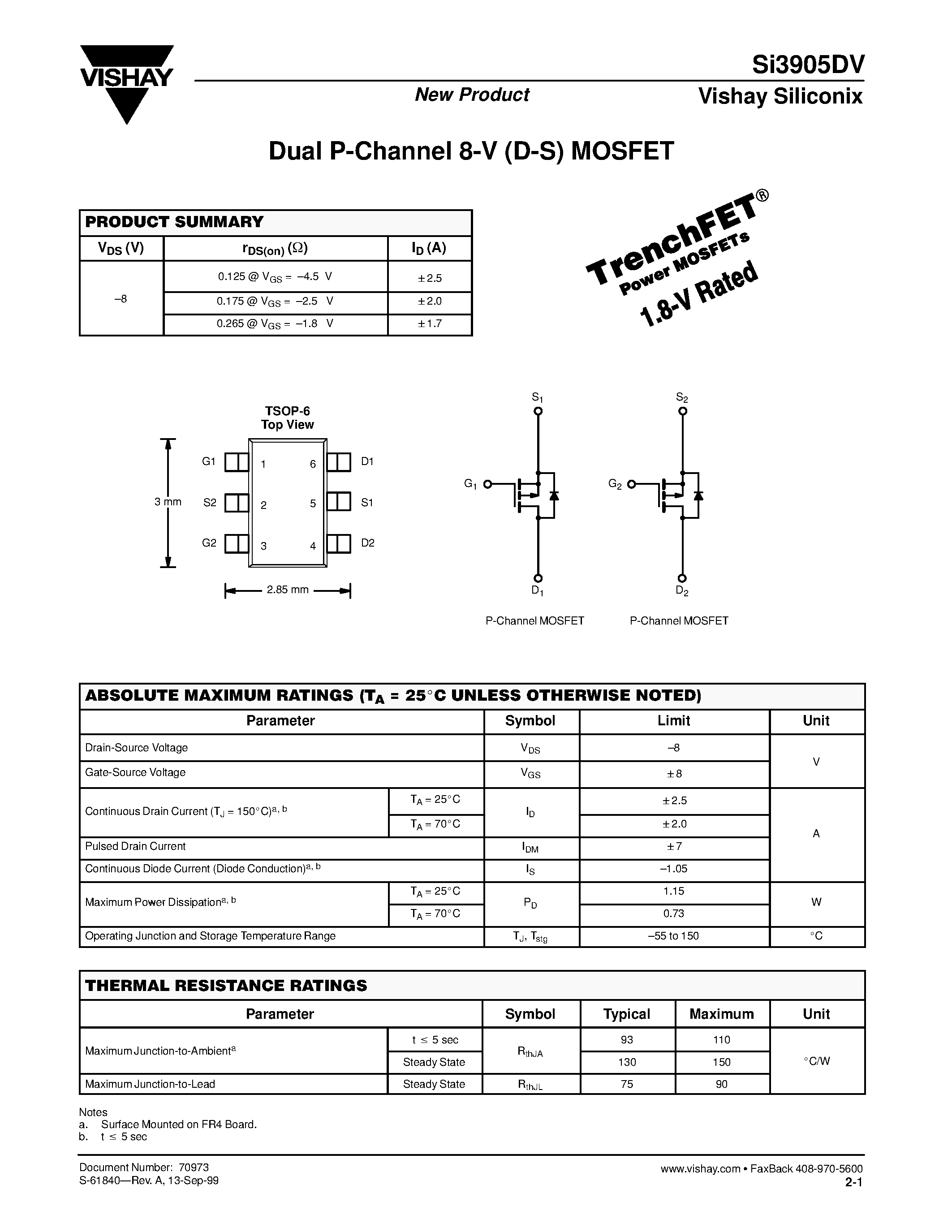 Даташит на микросхему SI3905DV страница 1 Даташит SI3905DV - Dual P-Channel 8-V (D-S) MOSFET страница 1