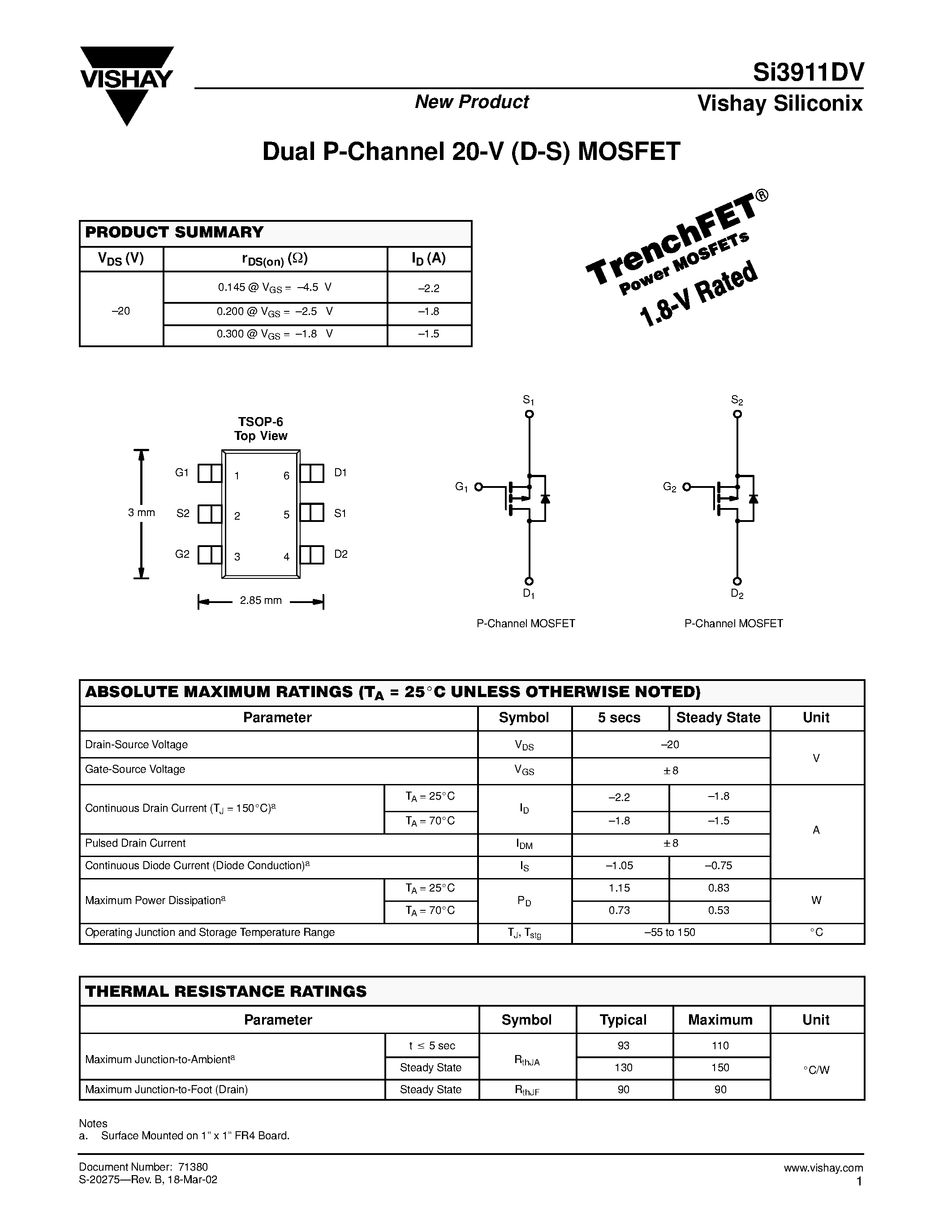 Даташит SI3911DV - Dual P-Channel 20-V (D-S) MOSFET страница 1