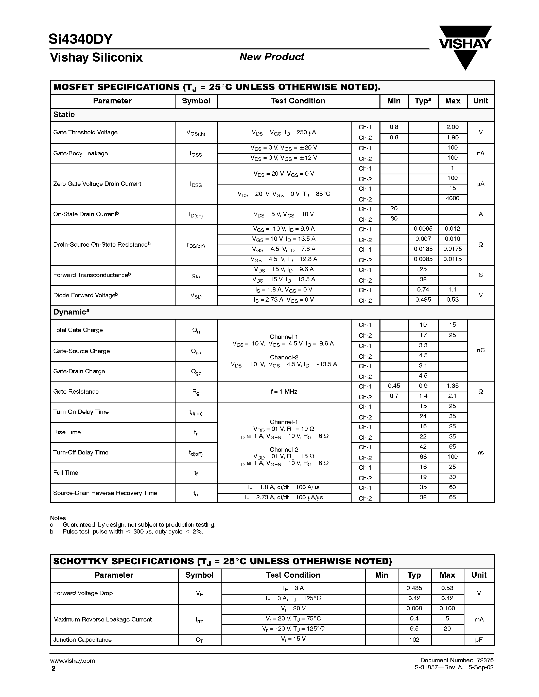 Даташит SI4340DY-T1 - Dual N-Channel 20-V (D-S) MOSFET with Schottky Diode страница 2