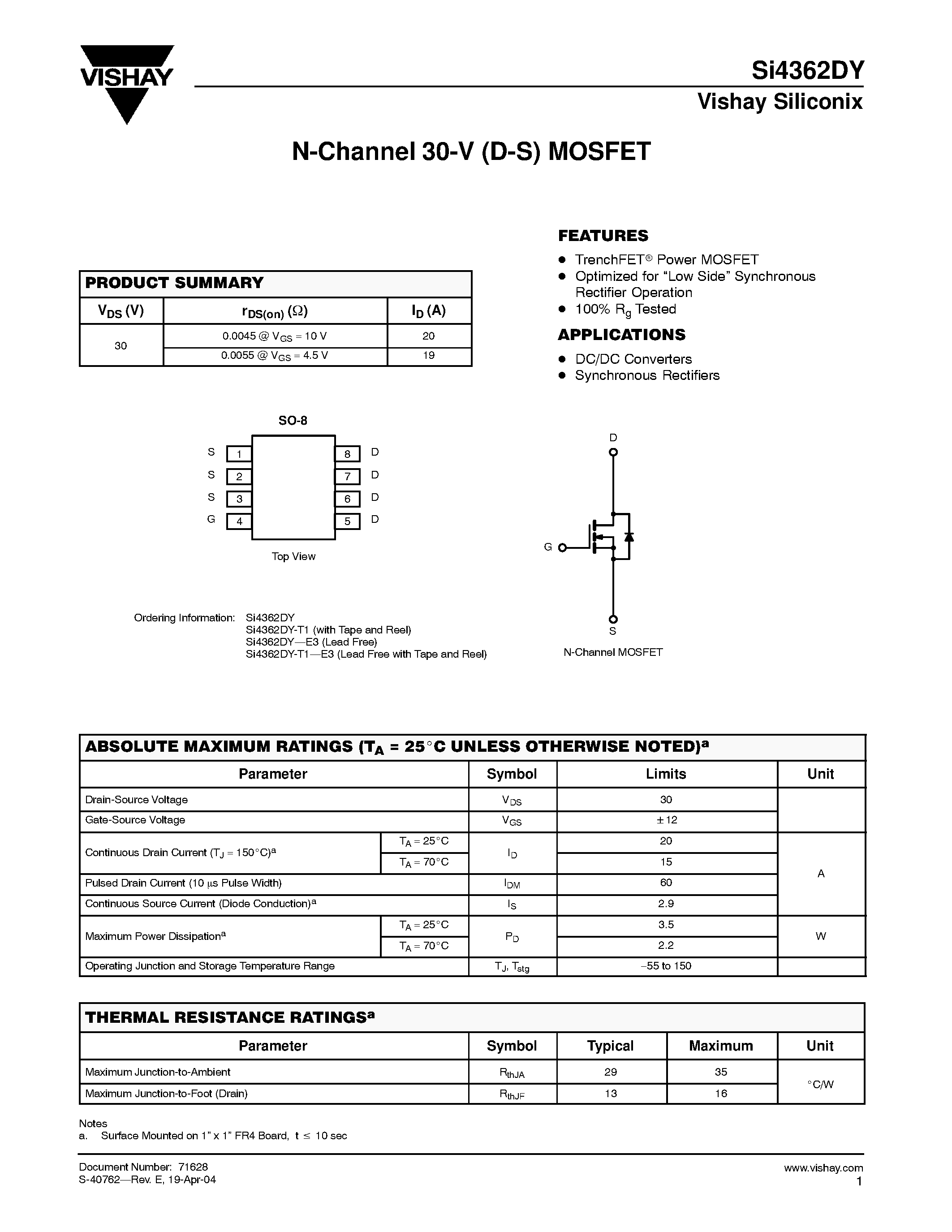 Даташит Si4362DY-T1 - N-Channel 30-V (D-S) MOSFET страница 1
