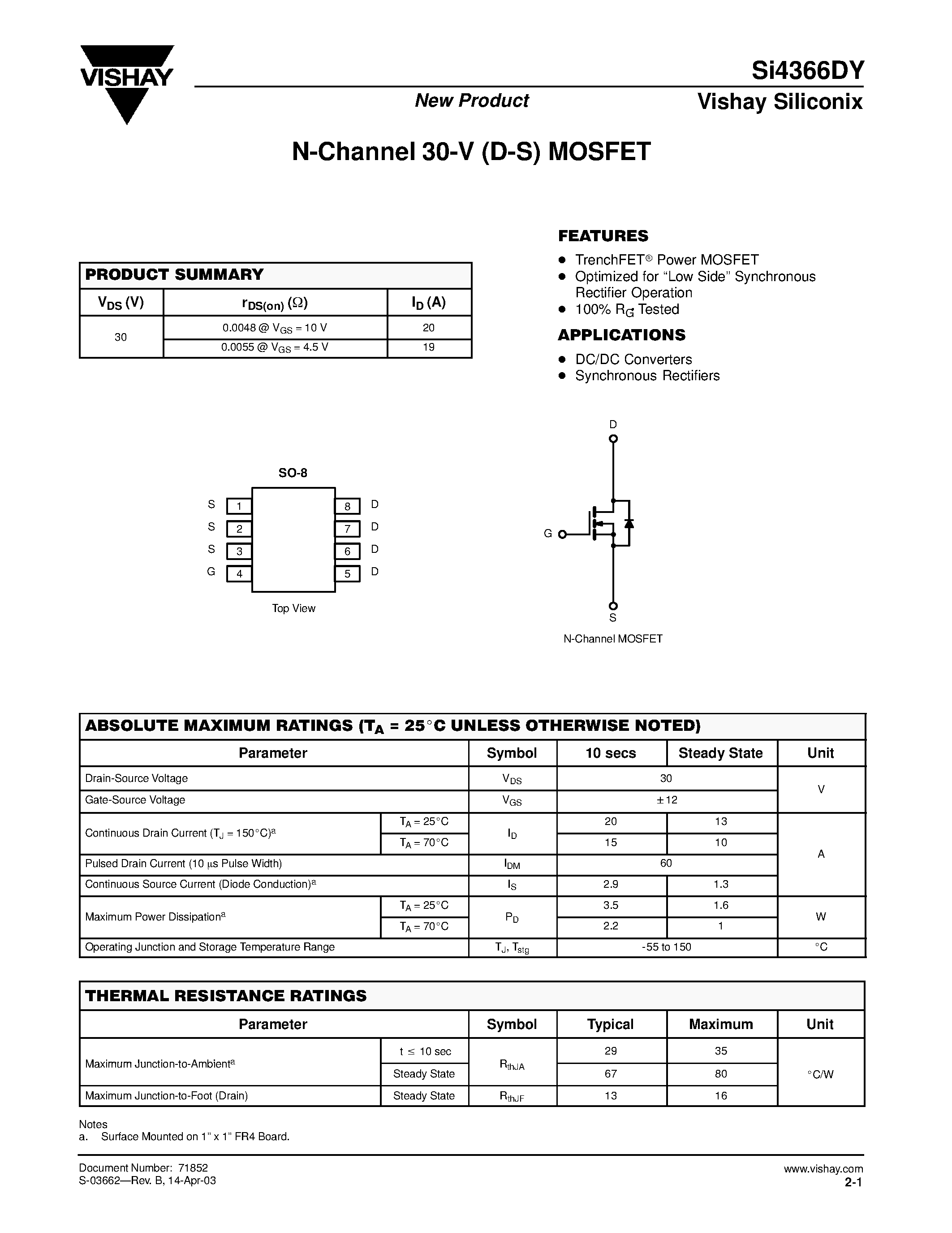 Даташит SI4366DY - N-Channel 30-V (D-S) MOSFET страница 1