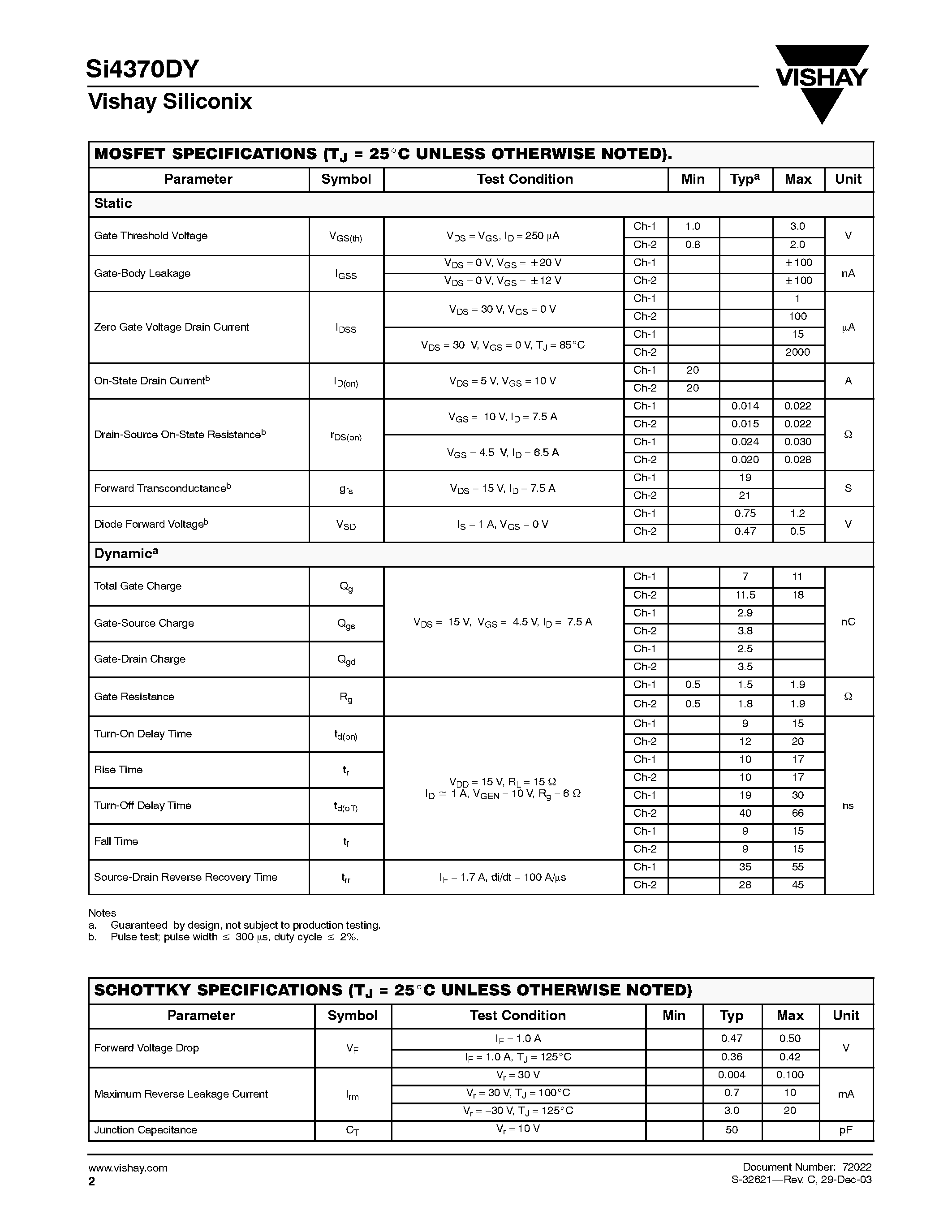 Даташит SI4370DY - Dual N-Channel 30-V (D-S) MOSFET with Schottky Diode страница 2