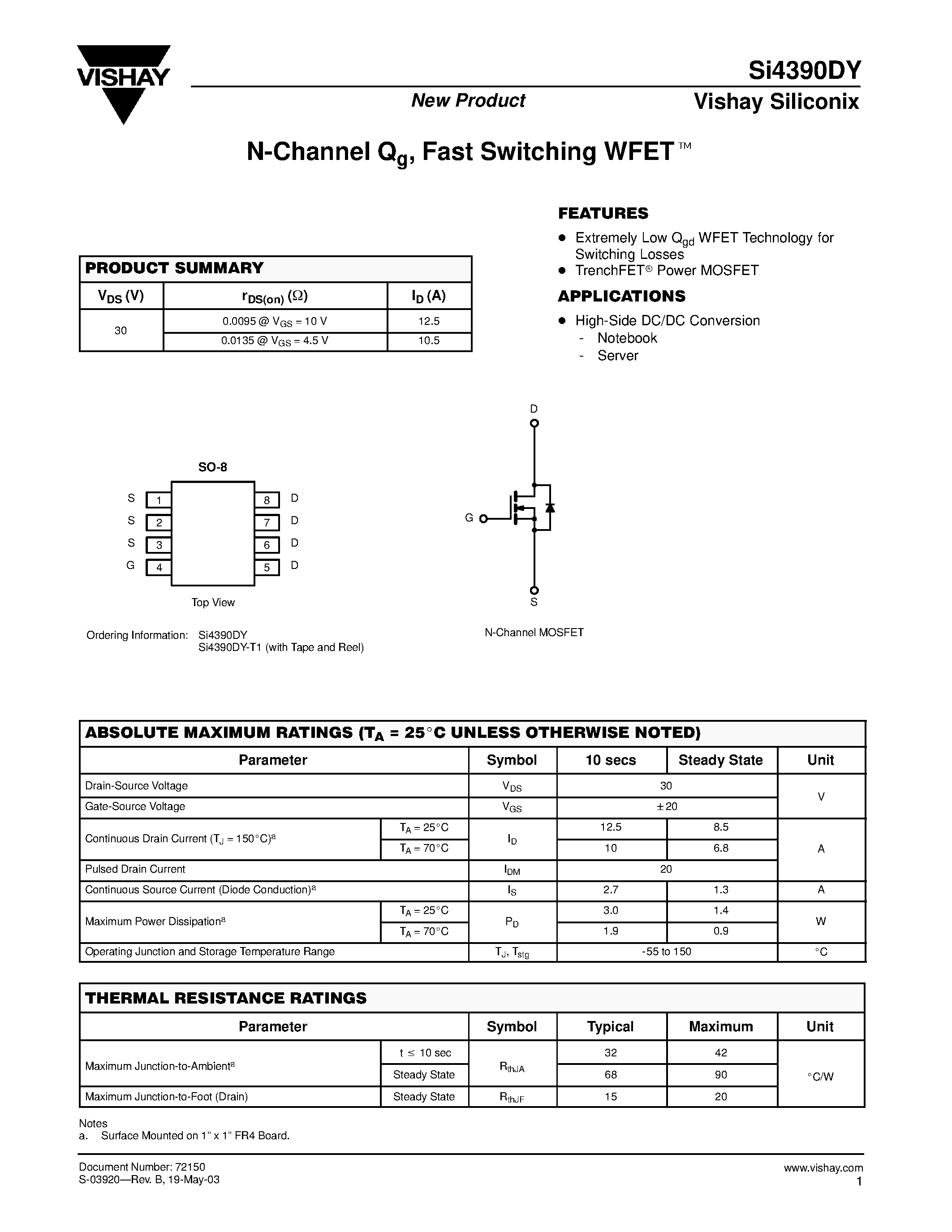 Datasheet SI4390DY - N-Channel Qg/ Fast Switching WFET page 1