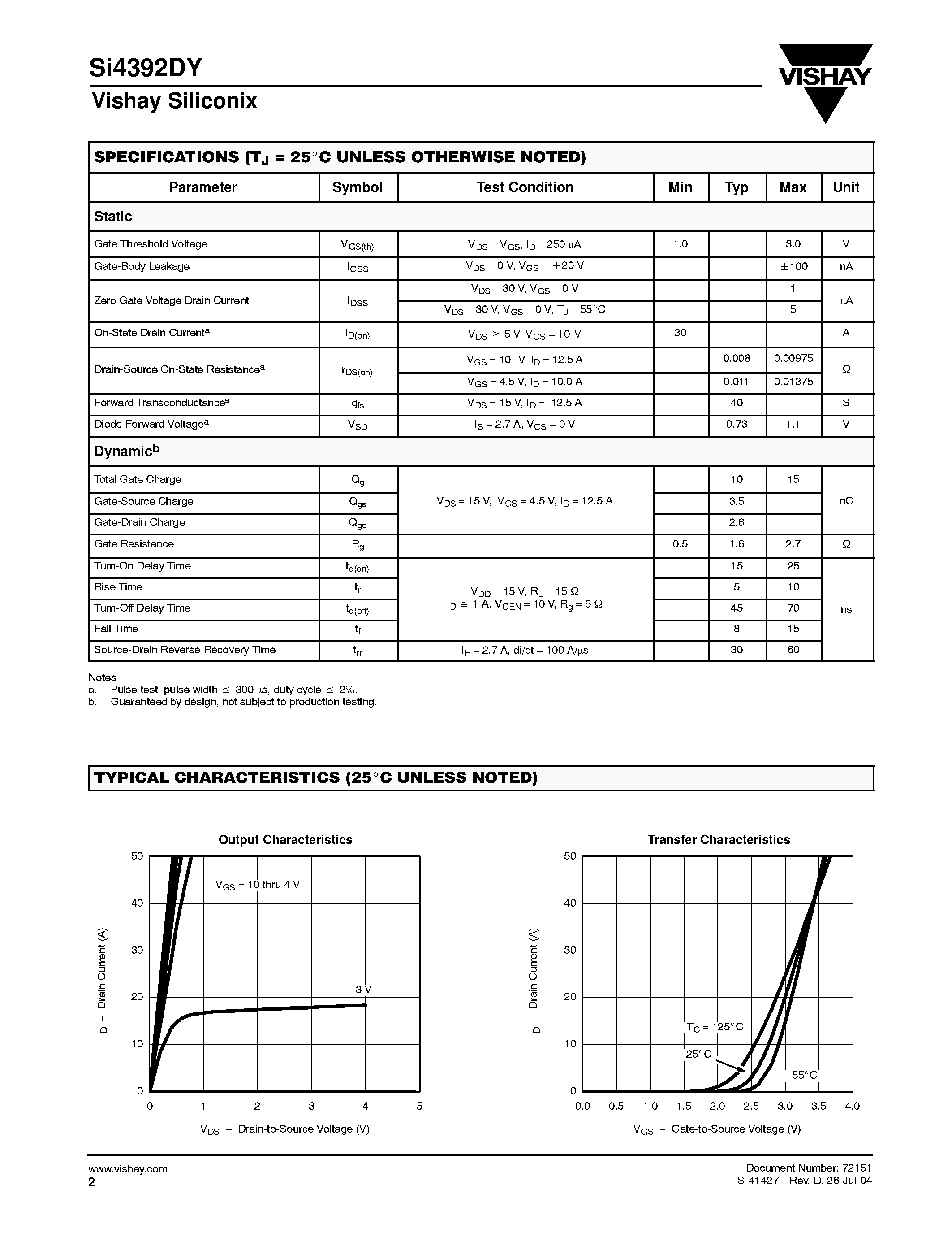 Datasheet SI4392DY-T1-E3 page 2 Datasheet SI4392DY-T1-E3 - N-Channel Reduced Qg/ Fast Switching WFET page 2