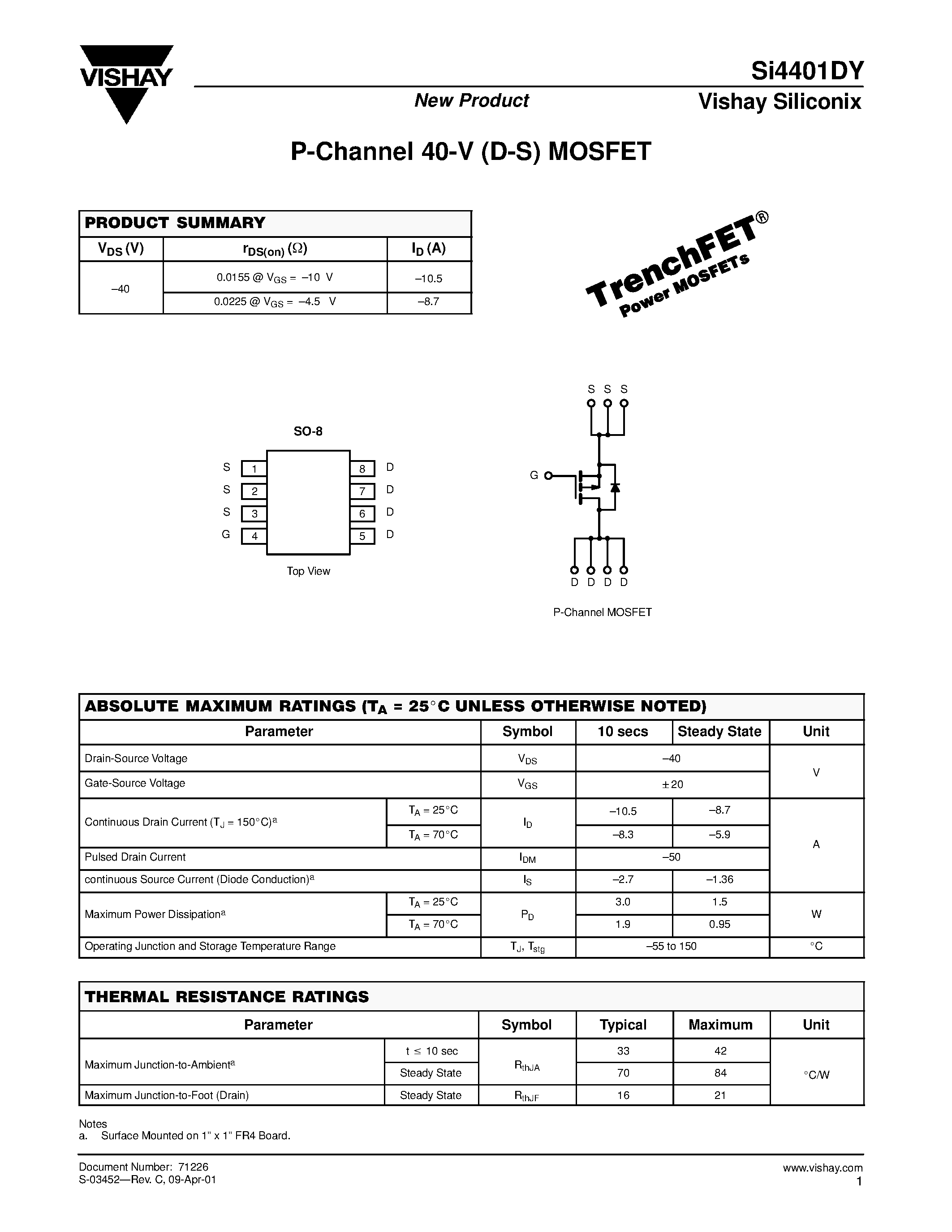 Datasheet SI4401DY - P-Channel 40-V (D-S) MOSFET page 1