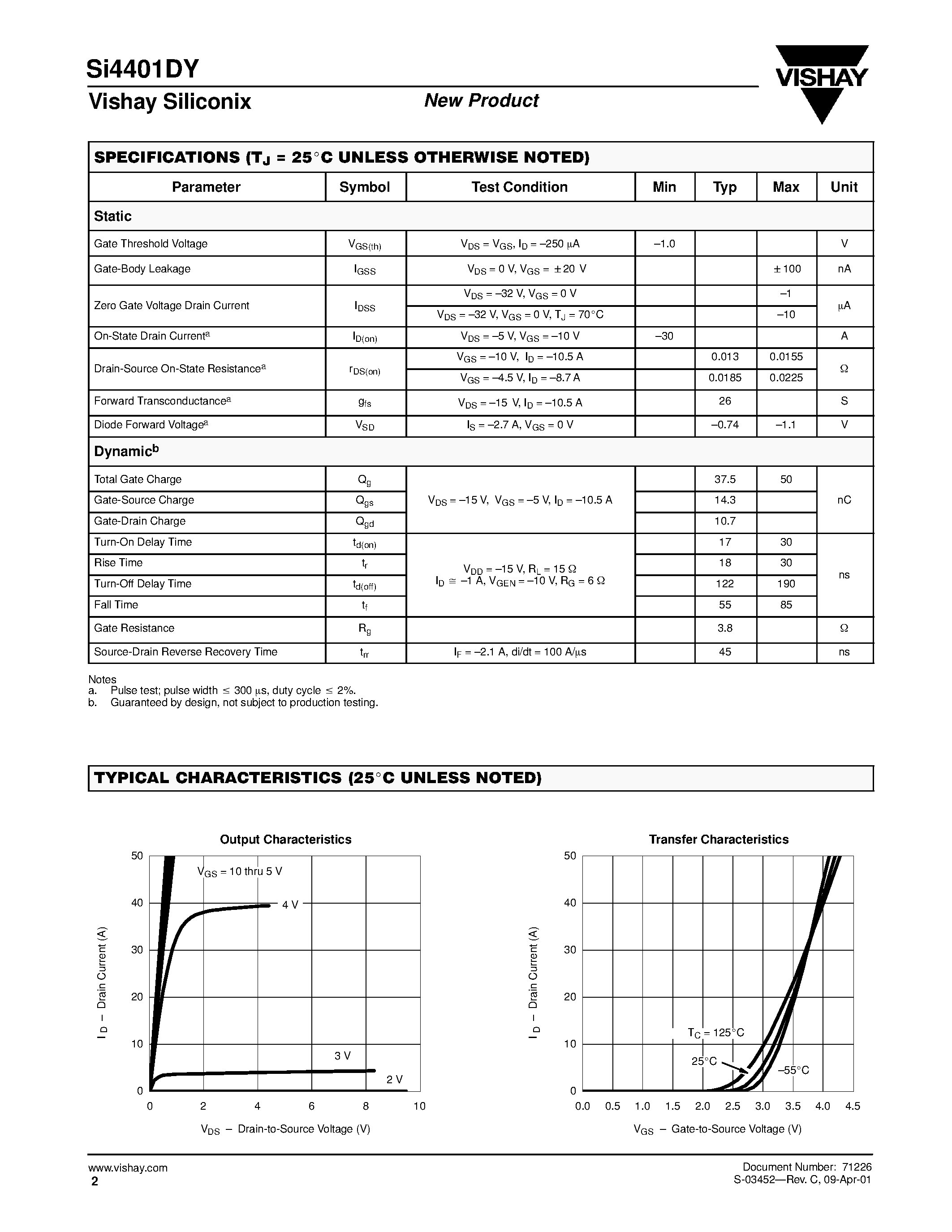 Datasheet SI4401DY - P-Channel 40-V (D-S) MOSFET page 2