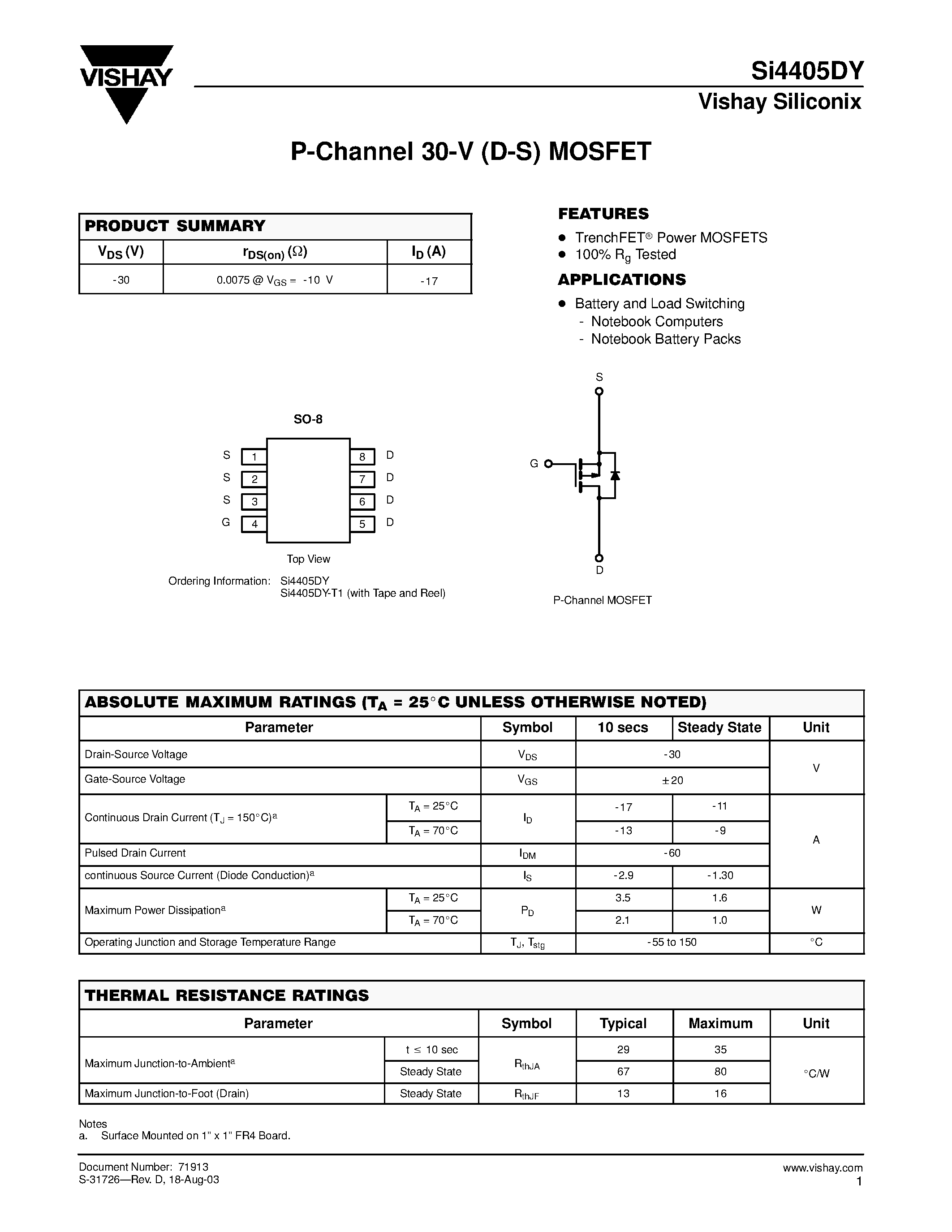 Даташит на микросхему SI4405DY страница 1 Даташит SI4405DY - P-Channel 30-V (D-S) MOSFET страница 1