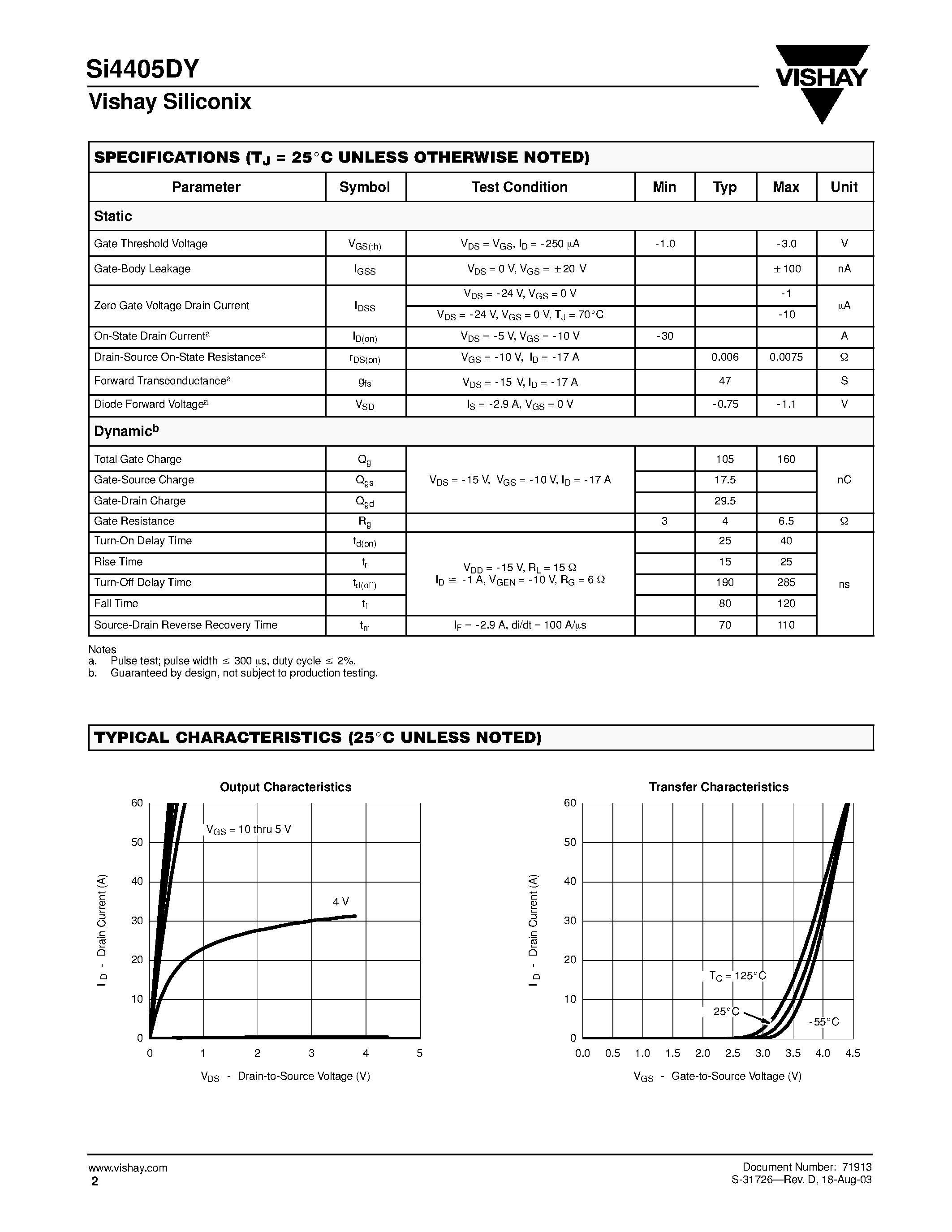 Даташит на микросхему SI4405DY страница 2 Даташит SI4405DY - P-Channel 30-V (D-S) MOSFET страница 2
