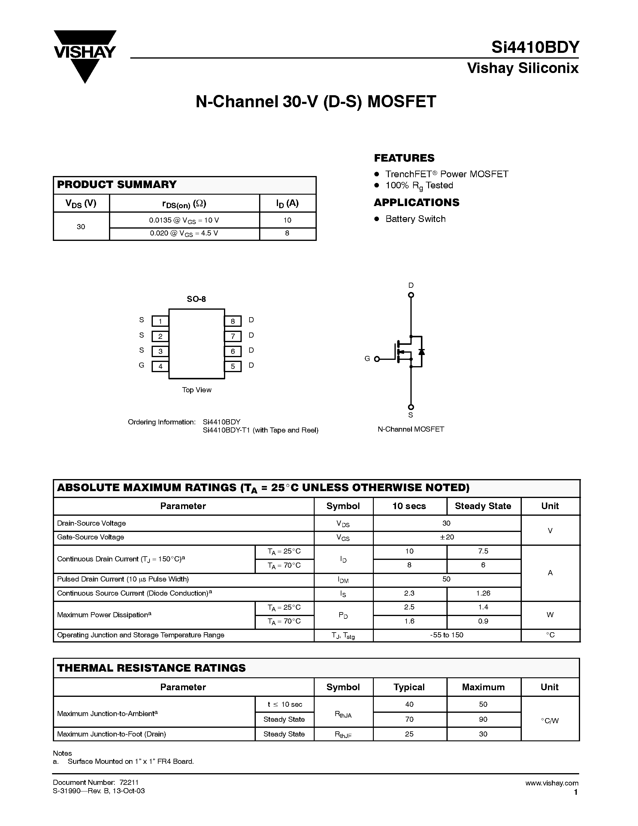 Даташит SI4410BDY - N-Channel 30-V (D-S) MOSFET страница 1