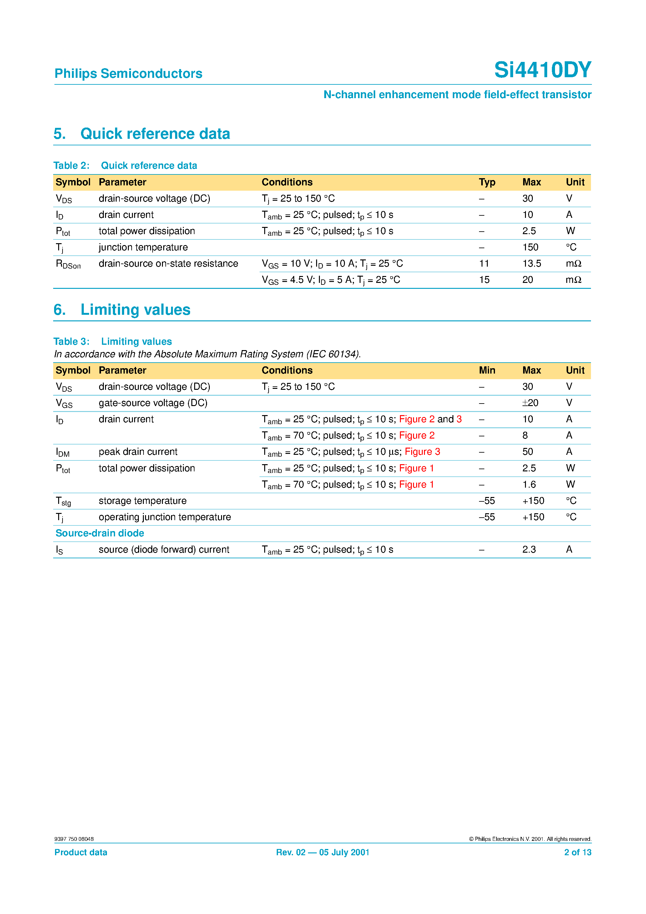 Datasheet SI4410DY page 2 Datasheet SI4410DY - N-channel enhancement mode field-effect transistor page 2