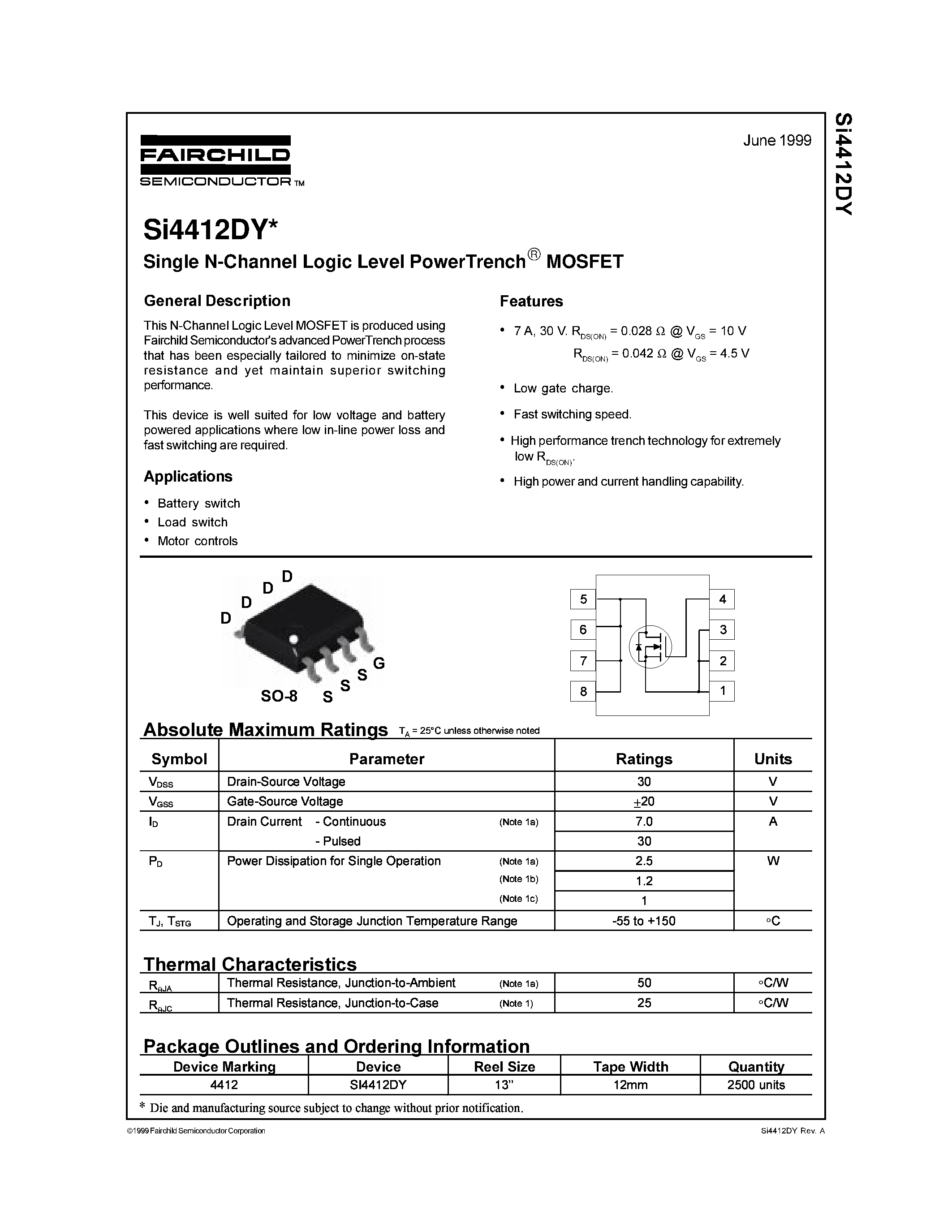 Datasheet SI4412DY - Single N-Channel Logic Level PowerTrench MOSFET page 1