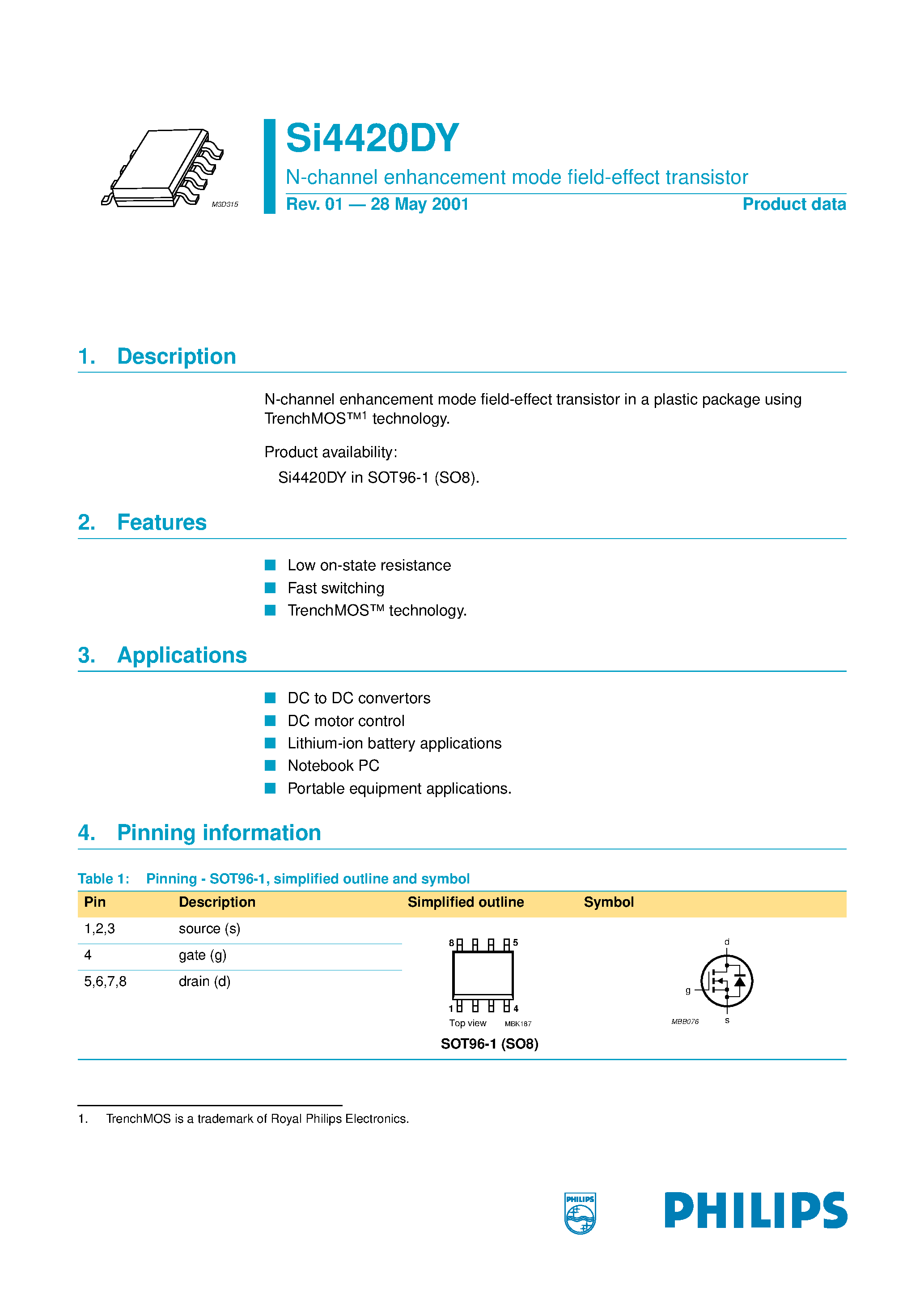 Datasheet SI4420DY page 1 Datasheet SI4420DY - N-channel enhancement mode field-effect transistor page 1