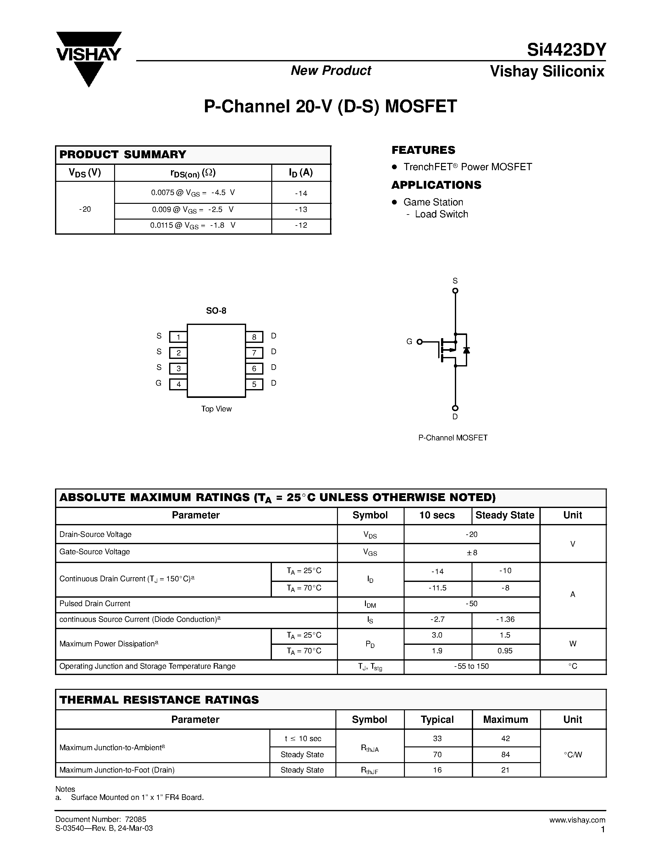 Даташит на микросхему SI4423DY страница 1 Даташит SI4423DY - P-Channel 20-V (D-S) MOSFET страница 1