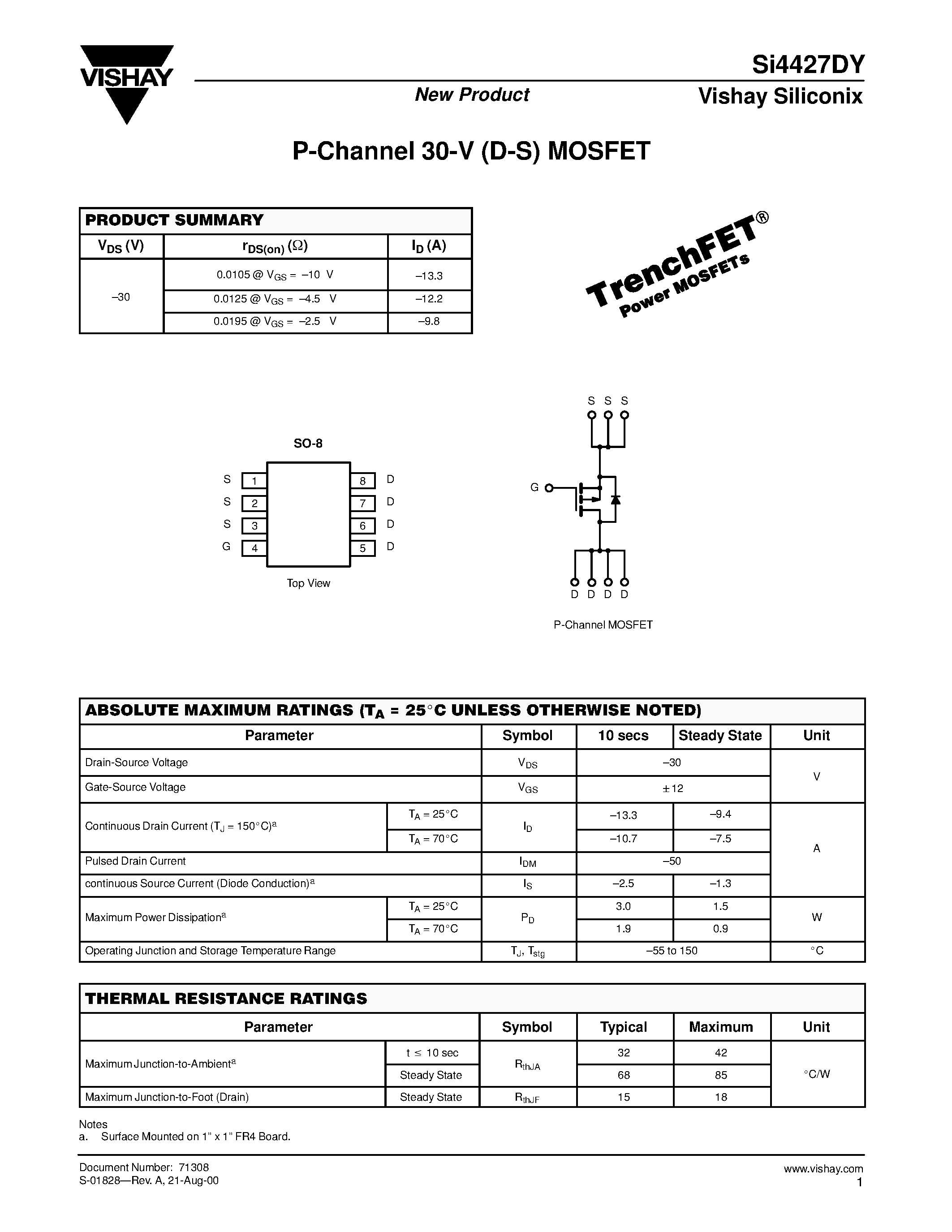 Даташит SI4427DY - P-Channel 30-V (D-S) MOSFET страница 1
