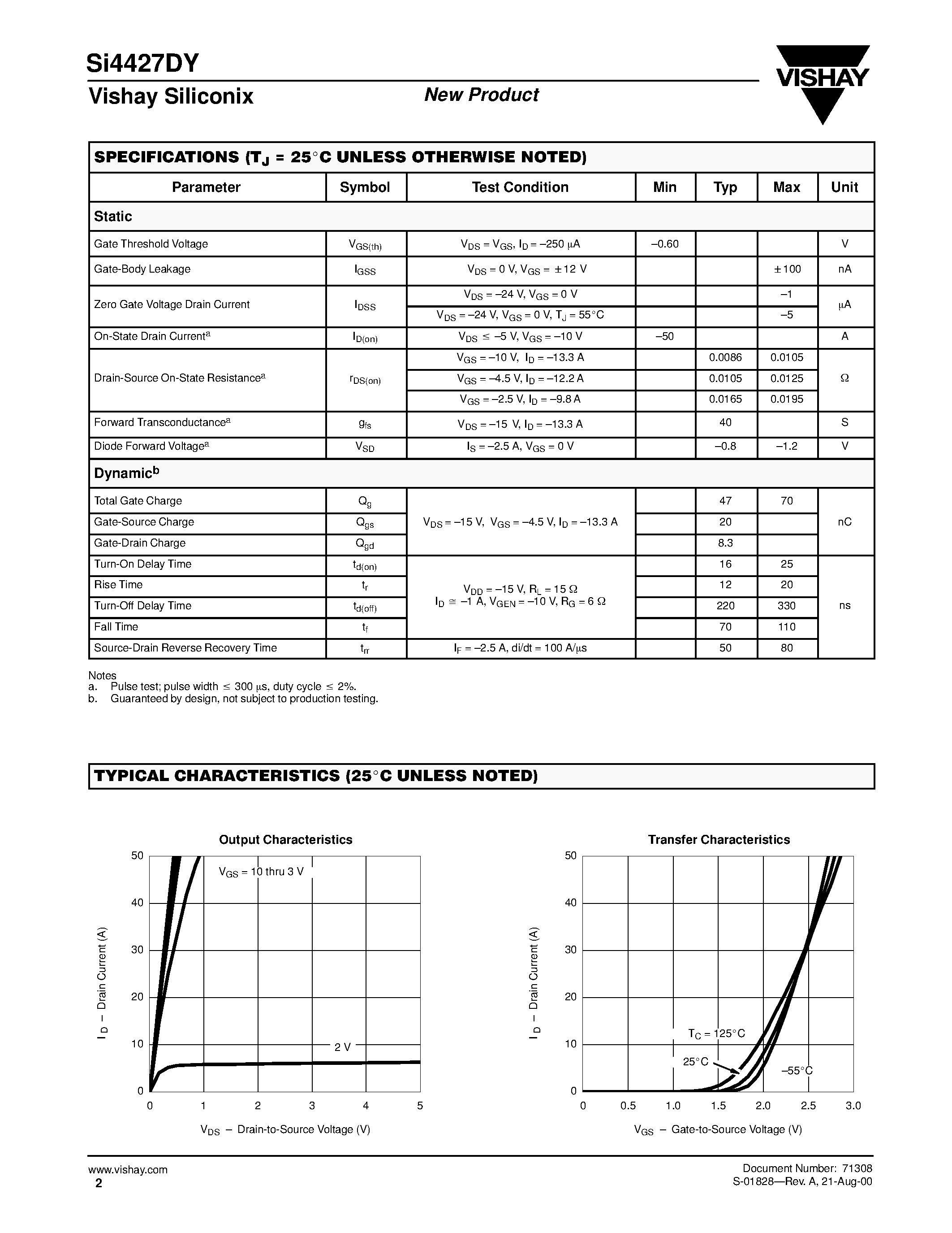 Даташит SI4427DY - P-Channel 30-V (D-S) MOSFET страница 2
