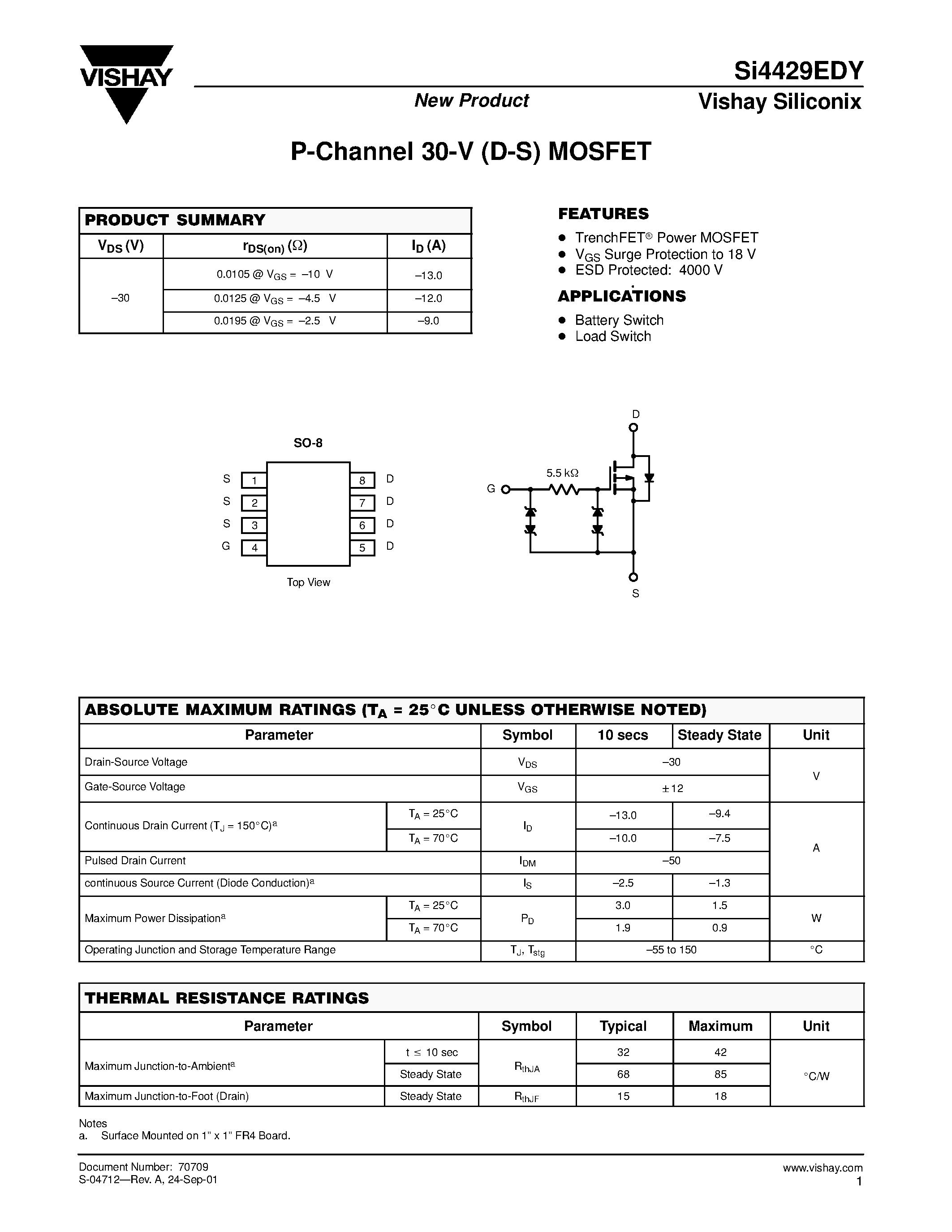 Datasheet SI4429EDY - P-Channel 30-V (D-S) MOSFET page 1
