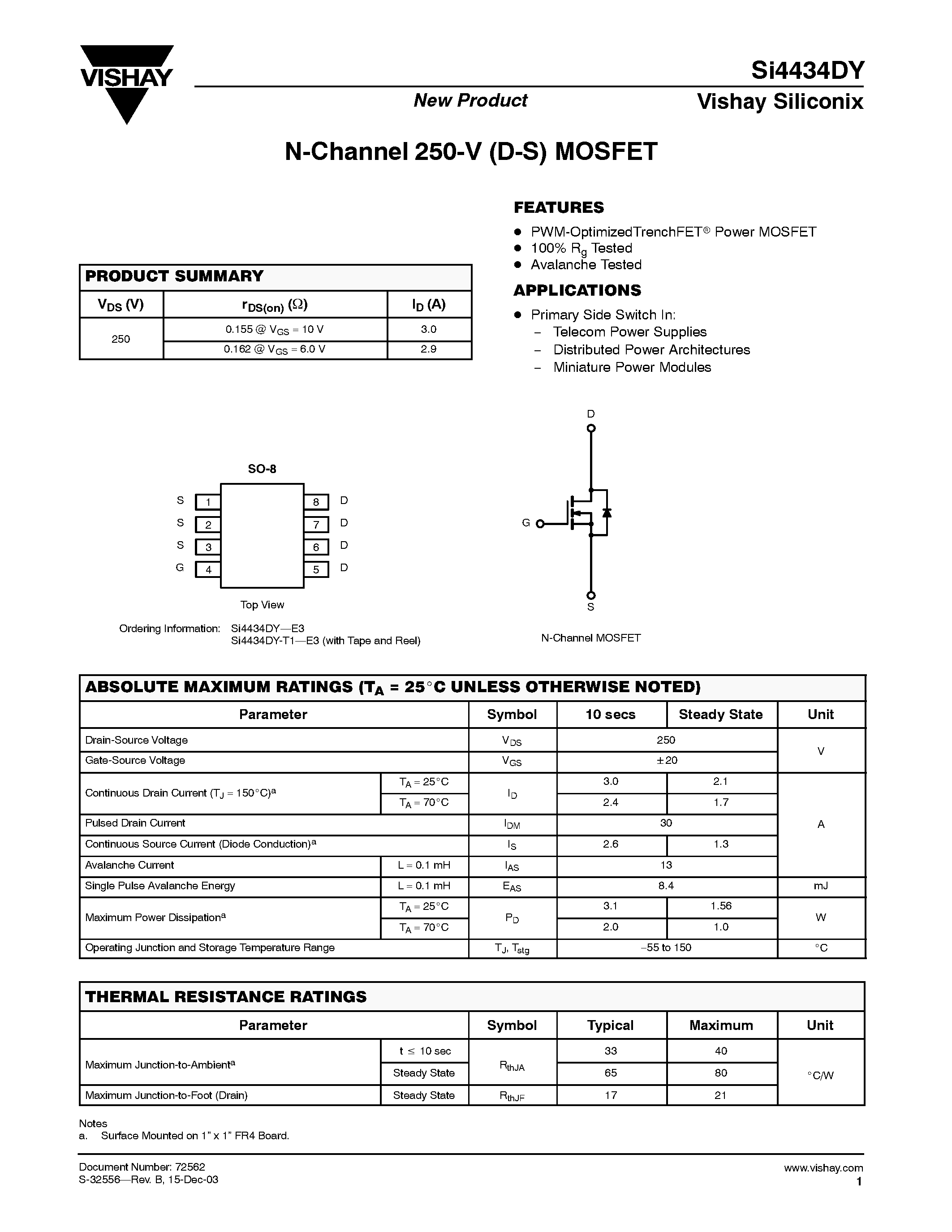 Даташит Si4434DY-E3 - N-Channel 250-V (D-S) MOSFET страница 1